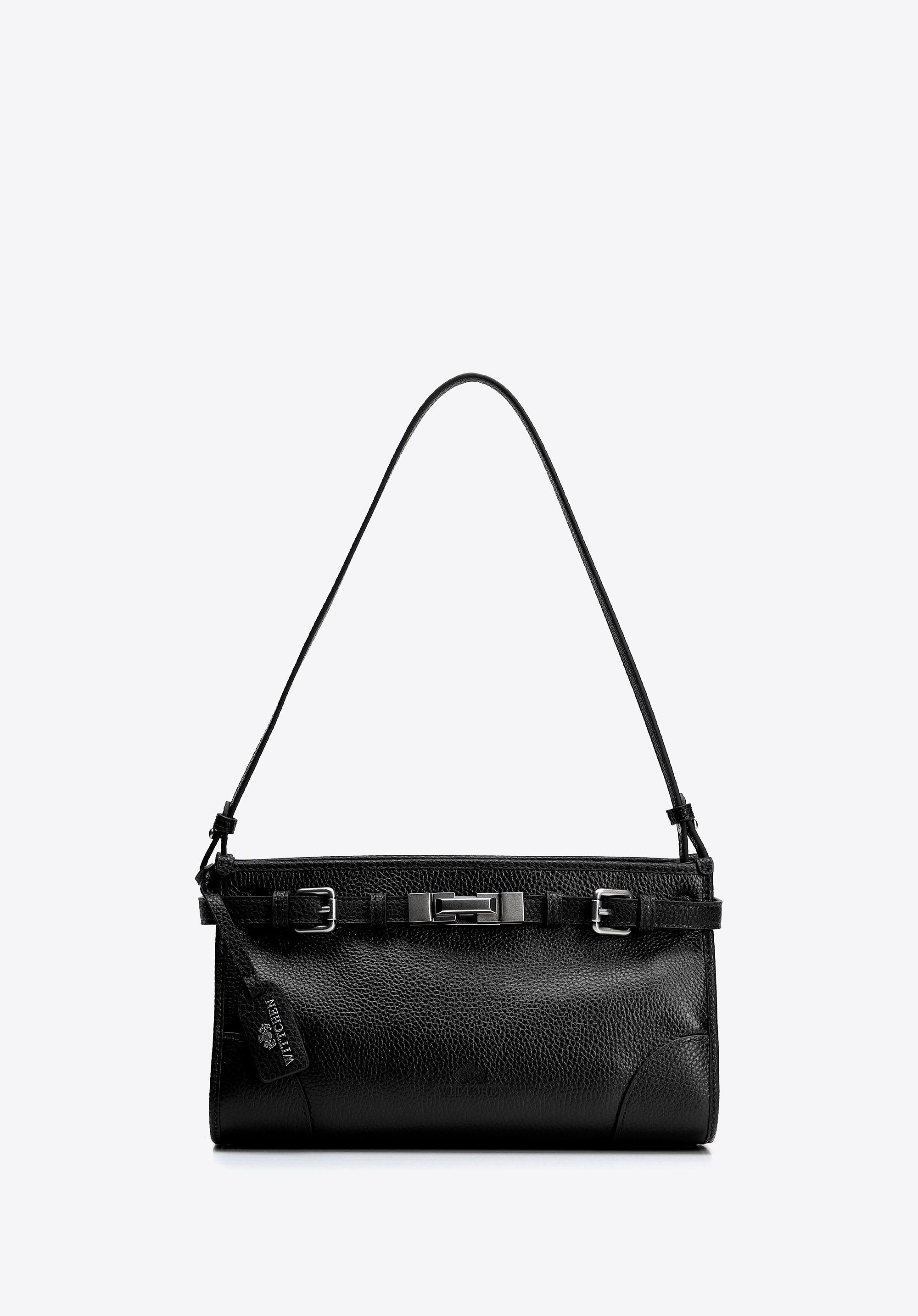 Damska torebka na ramię ze skóry naturalnej z dekoracyjnym paskiem czarne