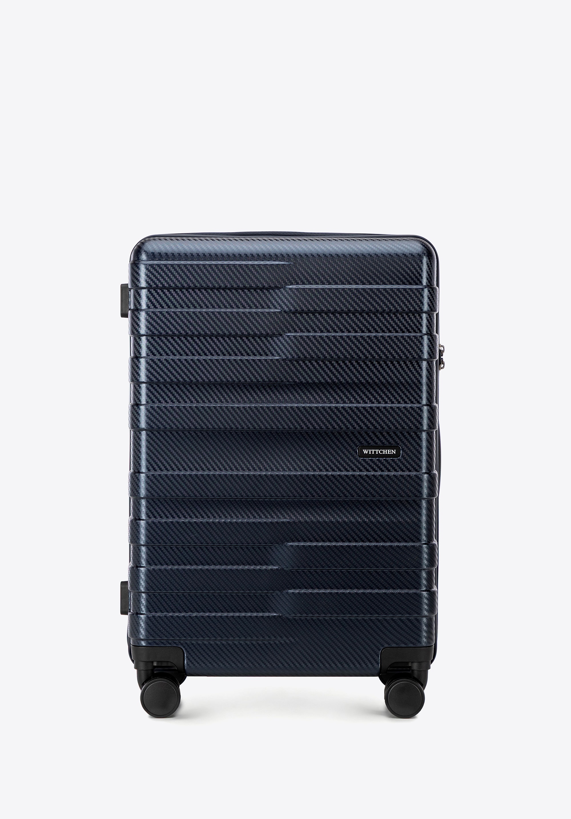 Średnia walizka z polikarbonu w poziome pasy granatowa