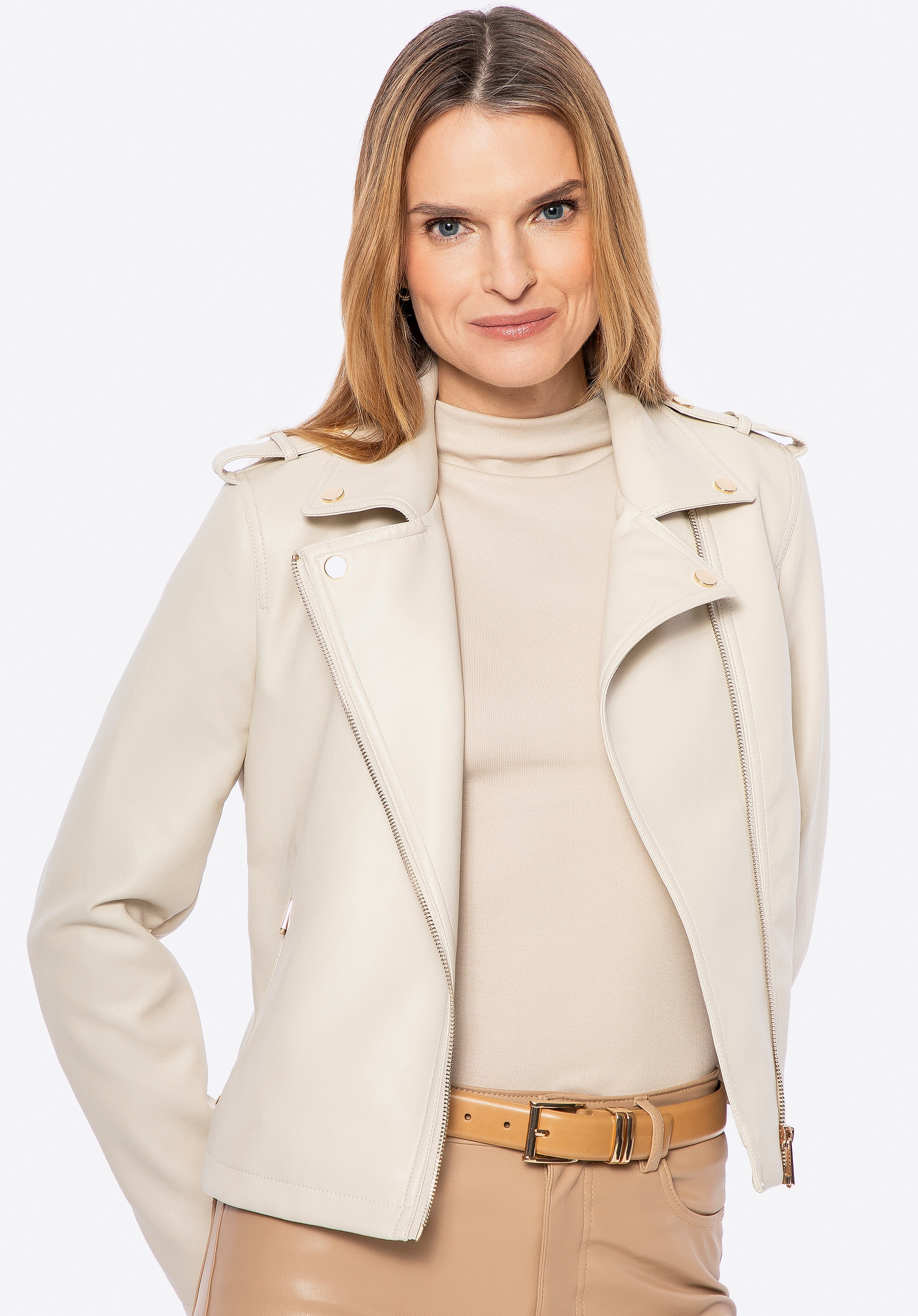 Damska ramoneska ze skóry ekologicznej z nitami beżowa