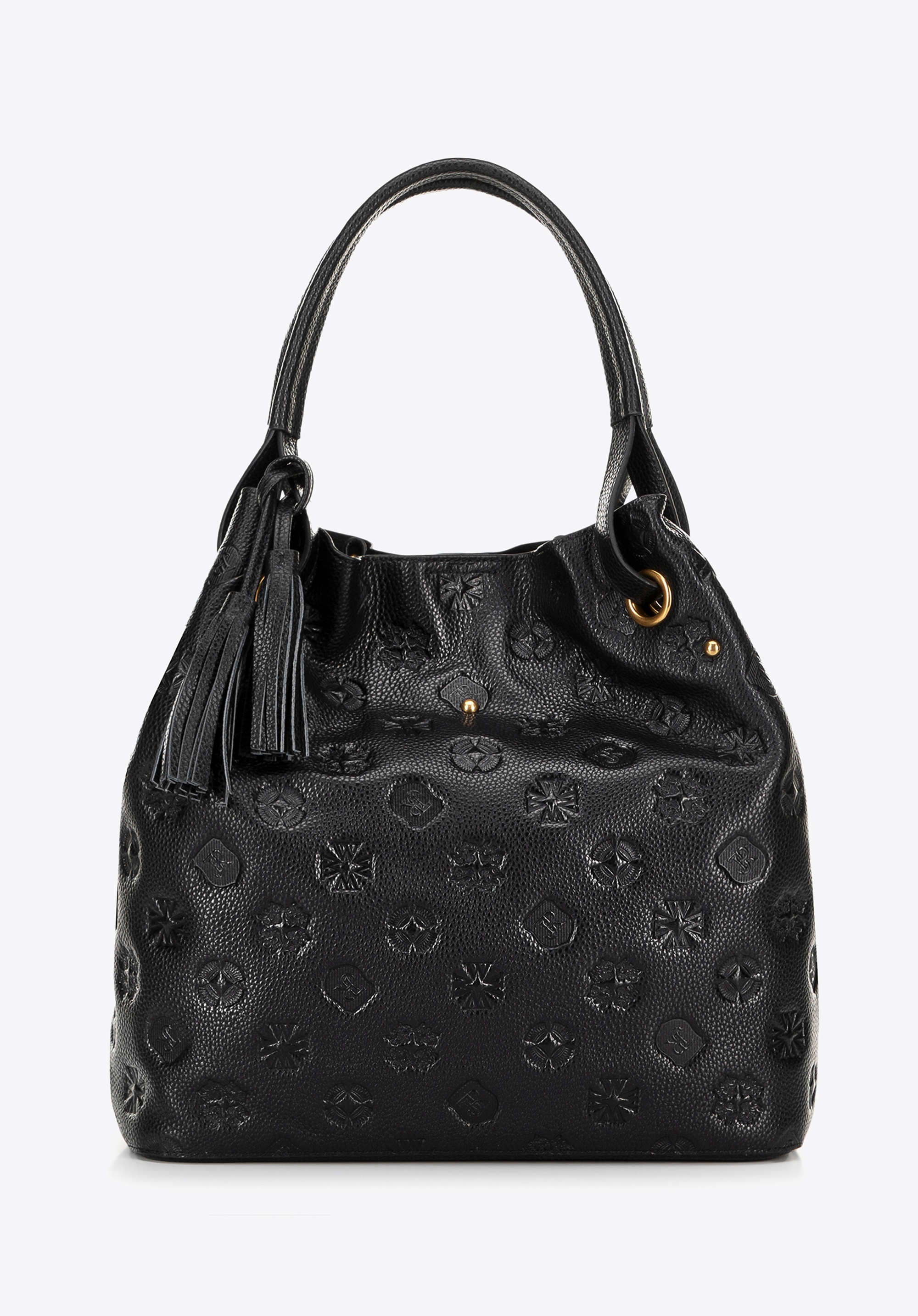 Damska torebka typu worek ze skóry sygnowana w monogram czarno - złota