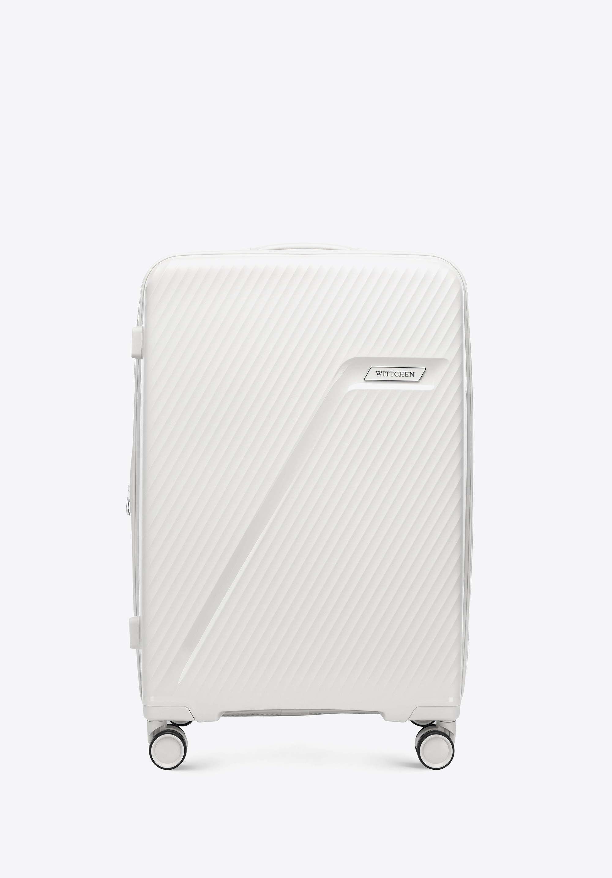 Średnia walizka z polipropylenu w ukośne pasy biało - srebrna