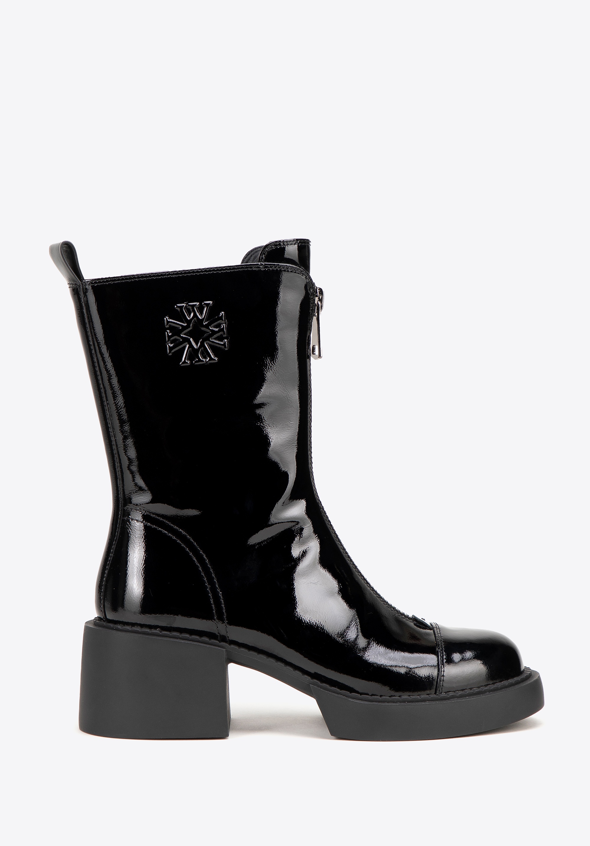 Damskie botki skórzane z monogramem czarno - srebrne