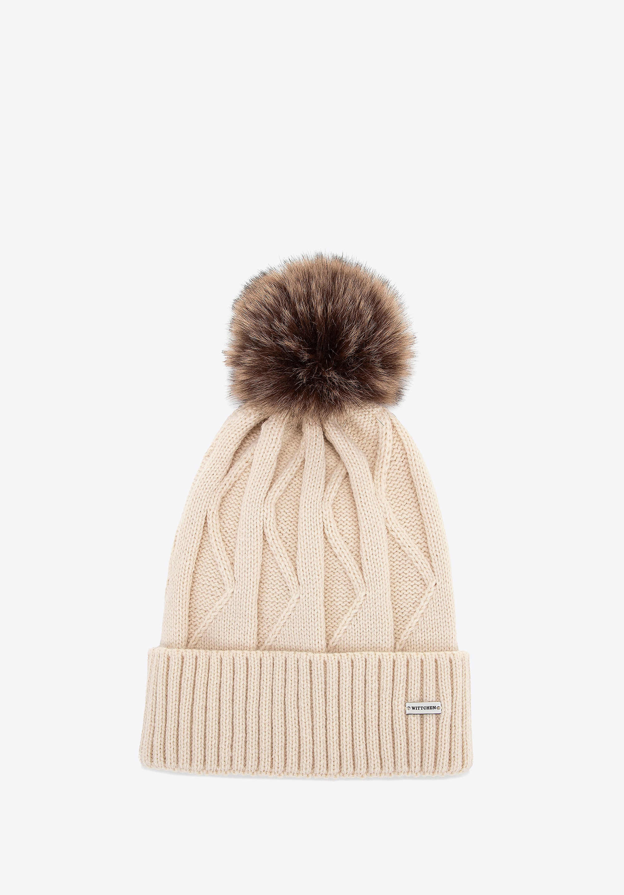 Czapka damska z kontrastującym pomponem kremowa