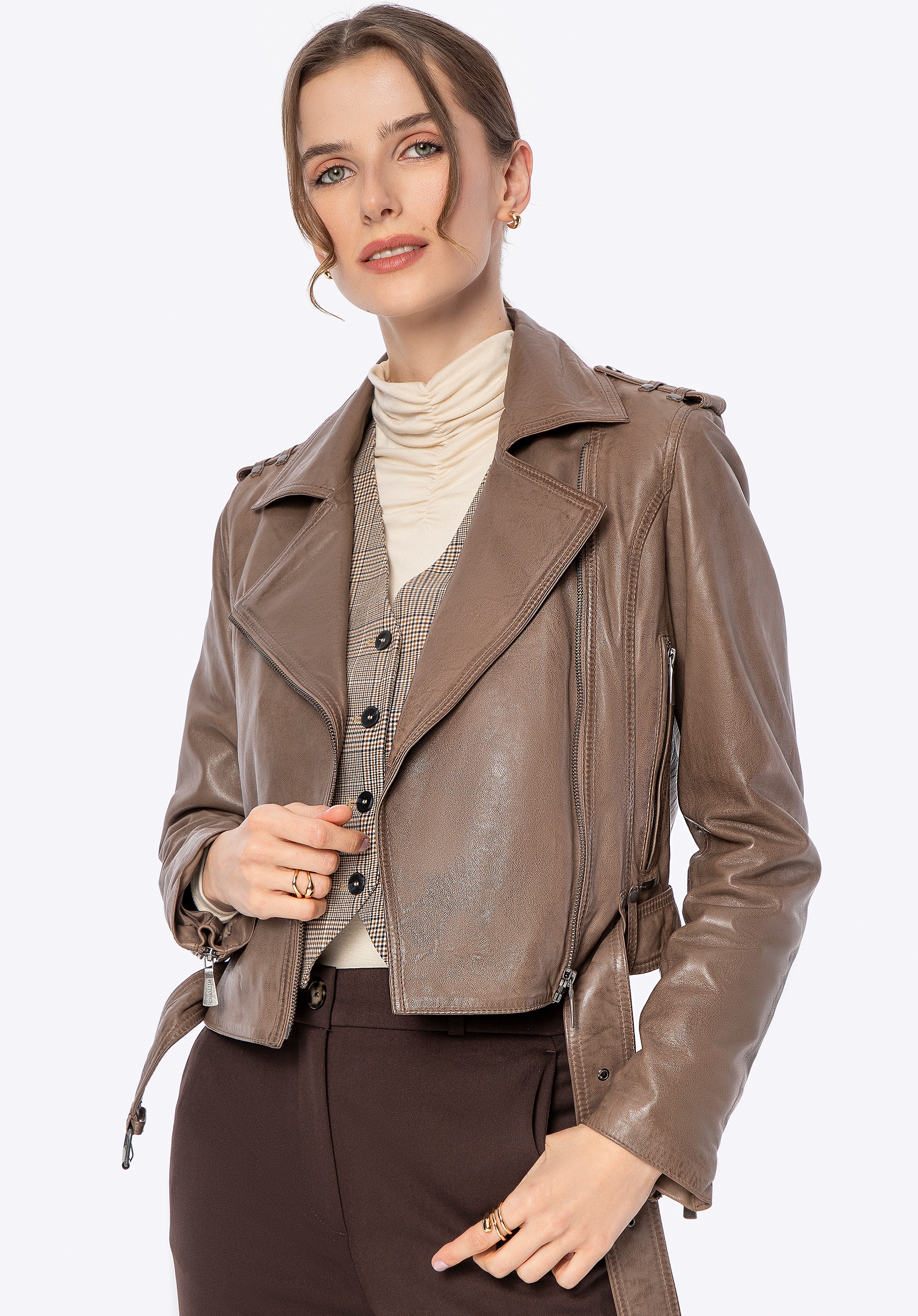 Damska kurtka biker ze skóry ciemny beż