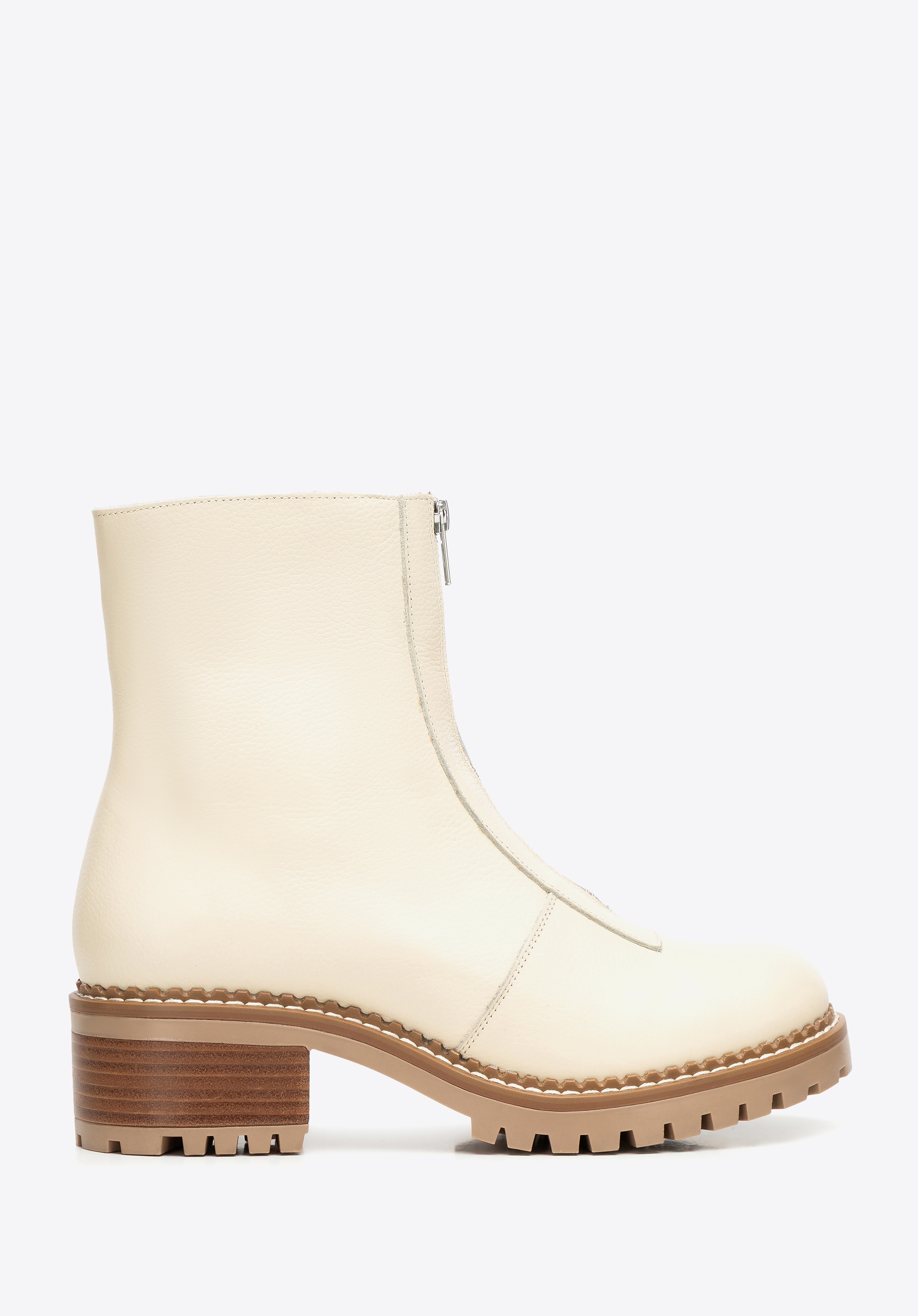 Damskie botki ze skóry naturalnej z suwakiem na przodzie kremowe