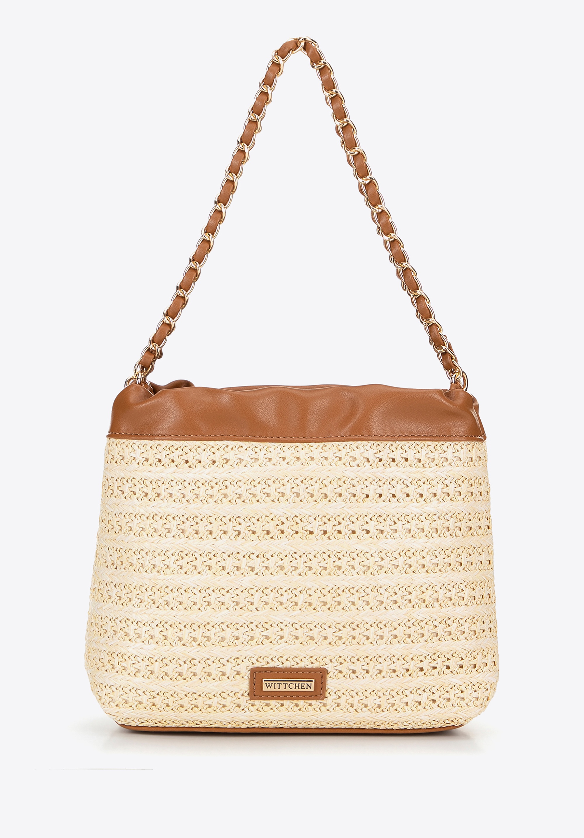 Pleciona torebka crossbody z łańcuszkami beżowo - brązowa