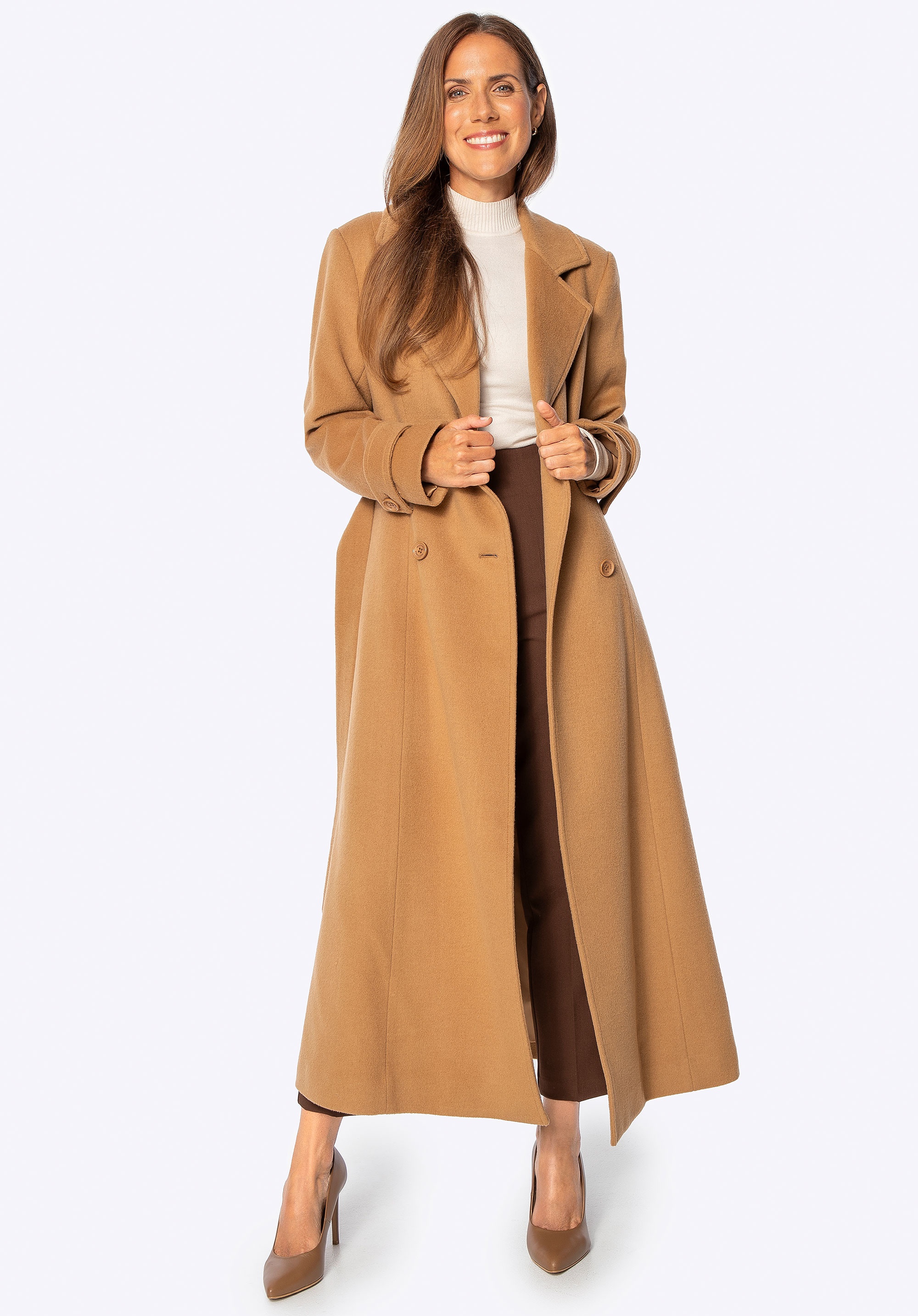 Damski płaszcz wełniany z domieszką kaszmiru camelowy