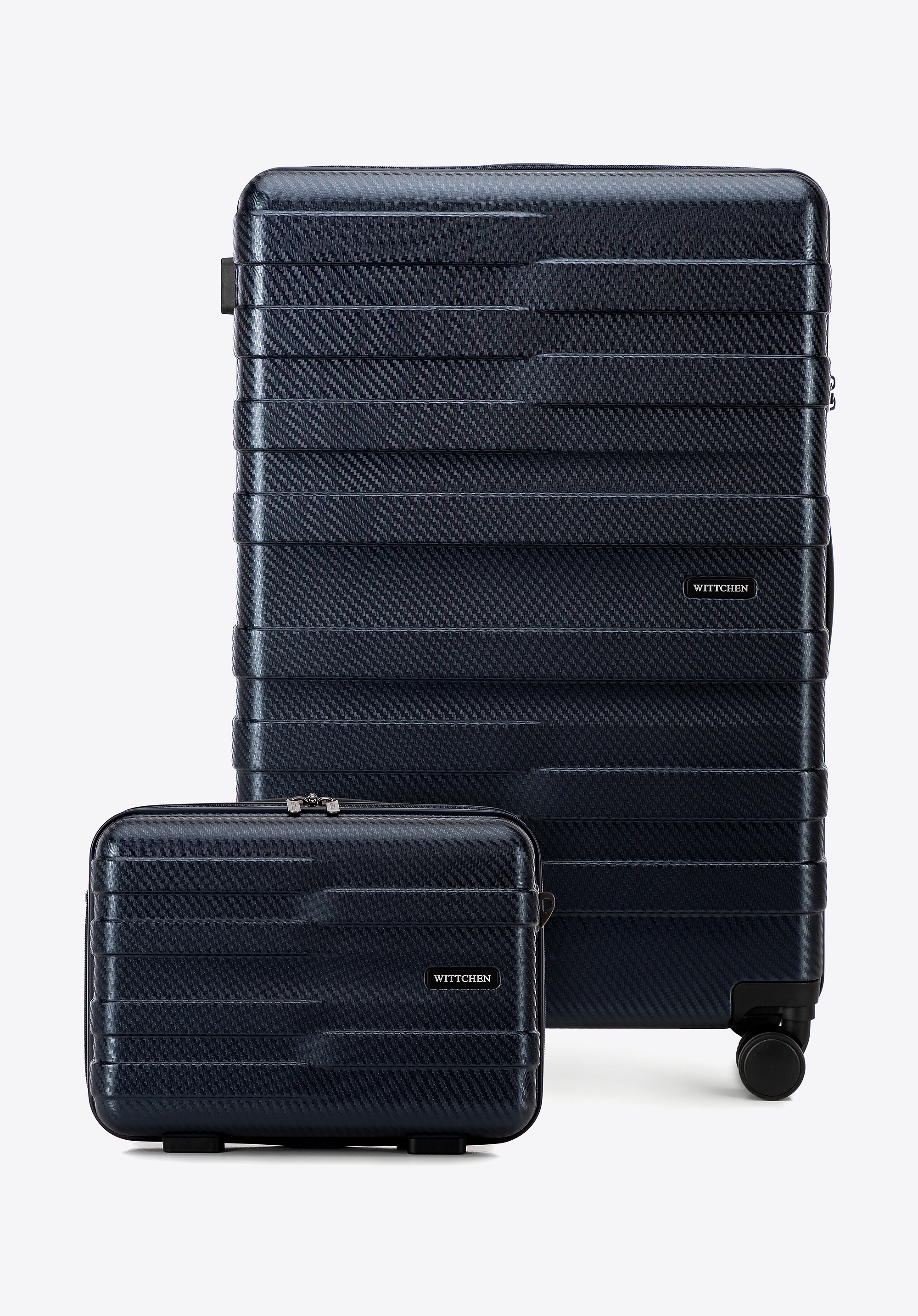 Duża walizka i kosmetyczka z polikarbonu w poziome pasy granatowe