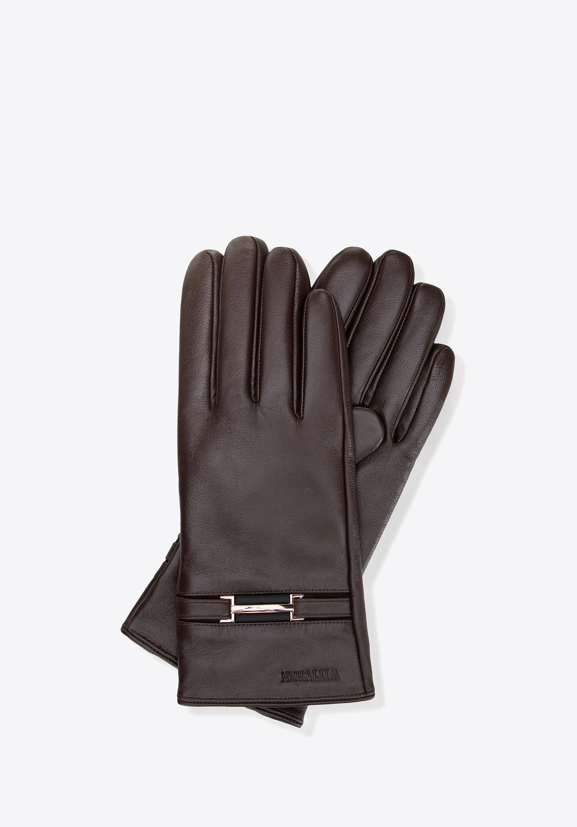 Damskie rękawiczki ze skóry naturalnej z ozdobnym paskiem ciemny brąz