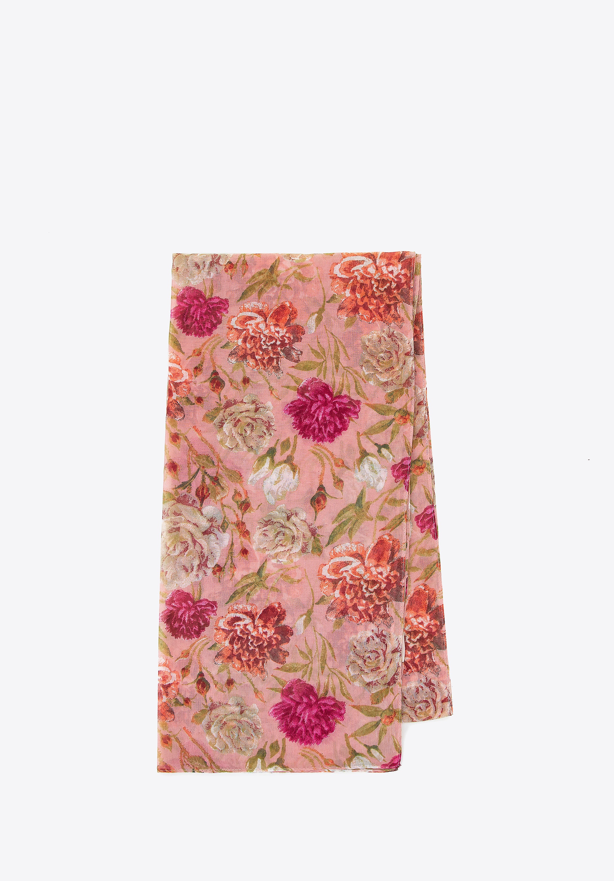 Cienki szal damski w kwiaty różowo - zielony