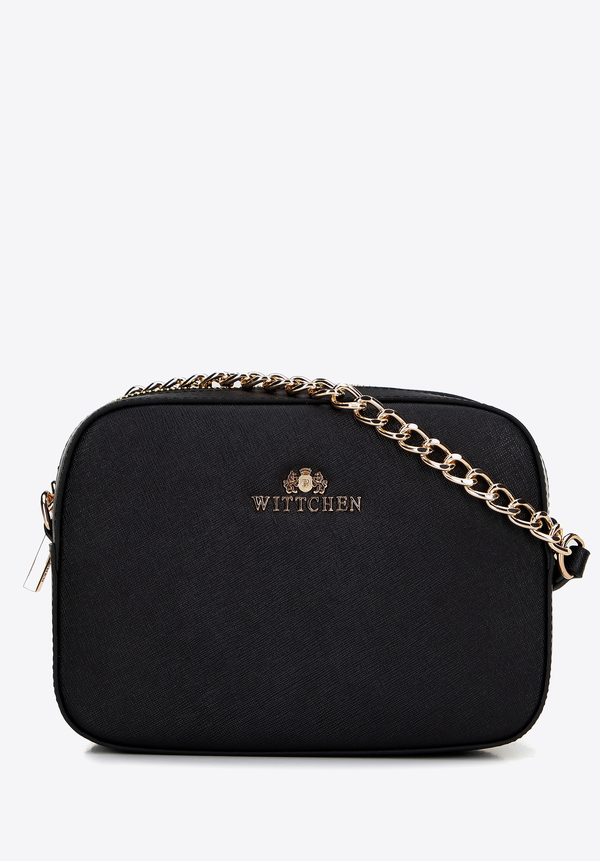 Damska listonoszka ze skóry saffiano pudełkowa na łańcuszku czarno-złota