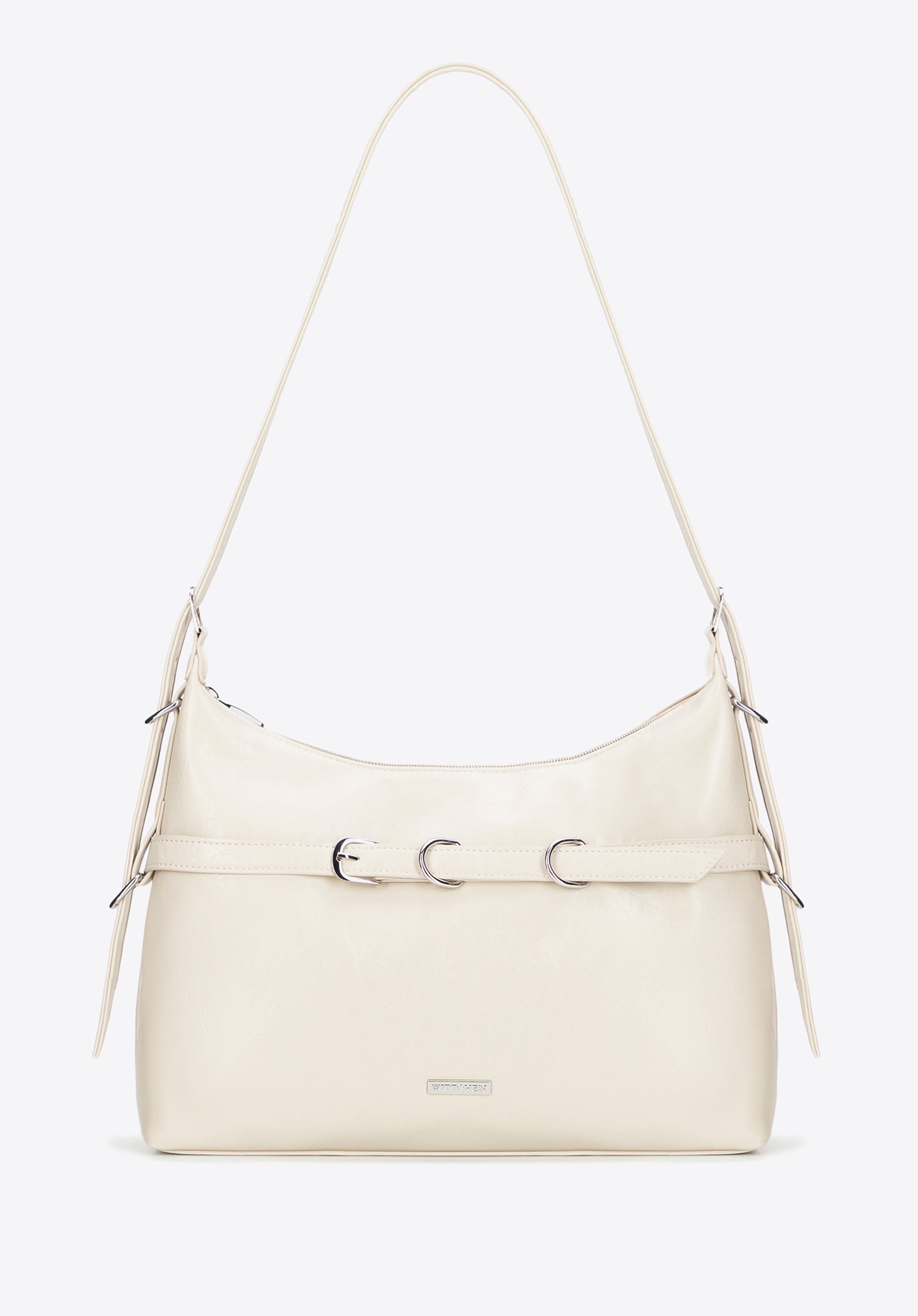 Damska listonoszka z imitacji skóry z ozdobnym paskiem kremowa