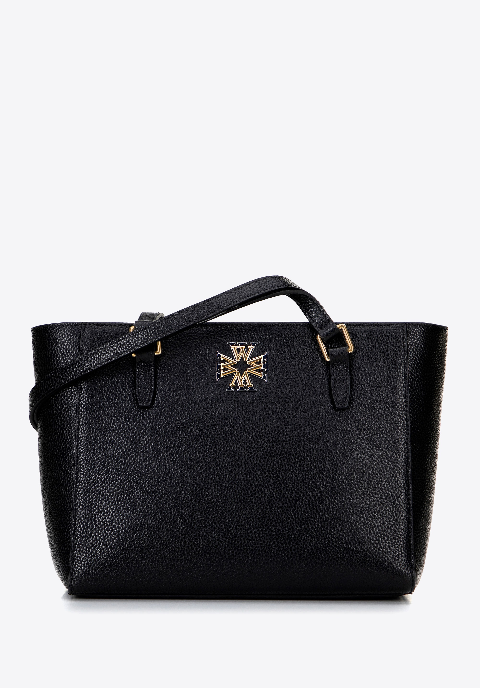 Damska torba na ramię ze skóry czarna ze srebrno-złotym logo