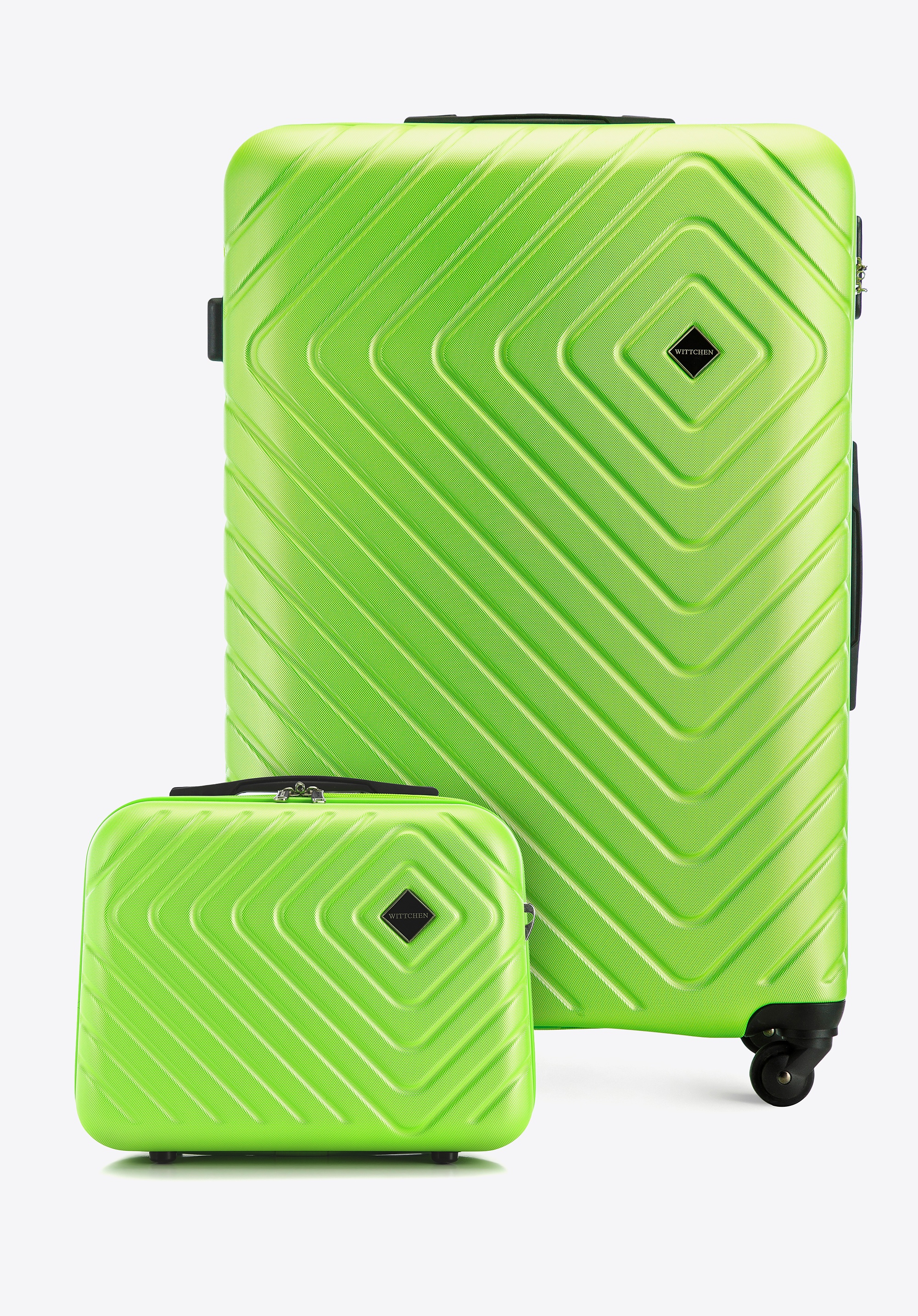 Duża walizka i kosmetyczka z ABS-u z geometrycznym tłoczeniem limonkowe