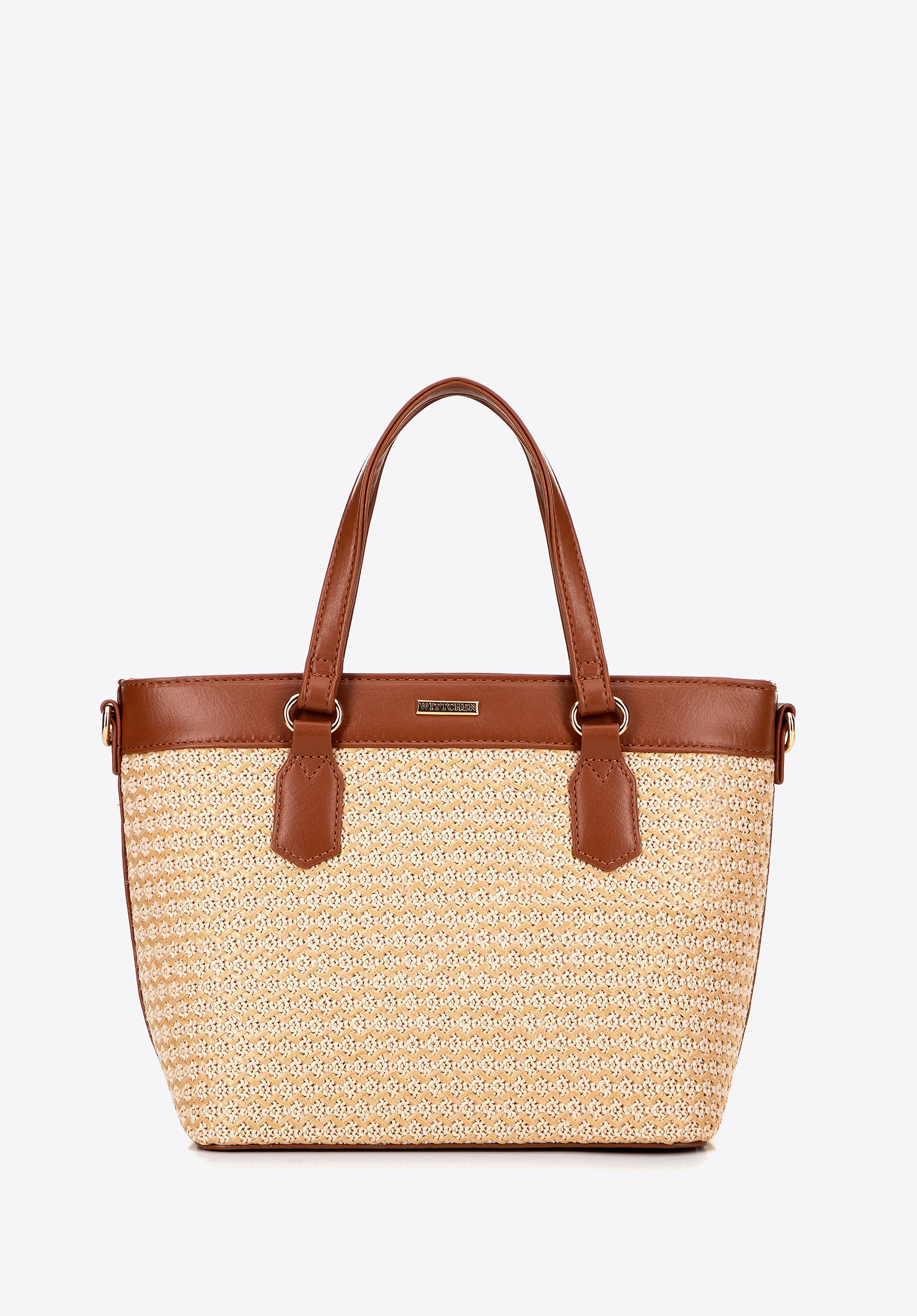 Damska torebka z ekoskóry i plecionki beżowo - brązowa