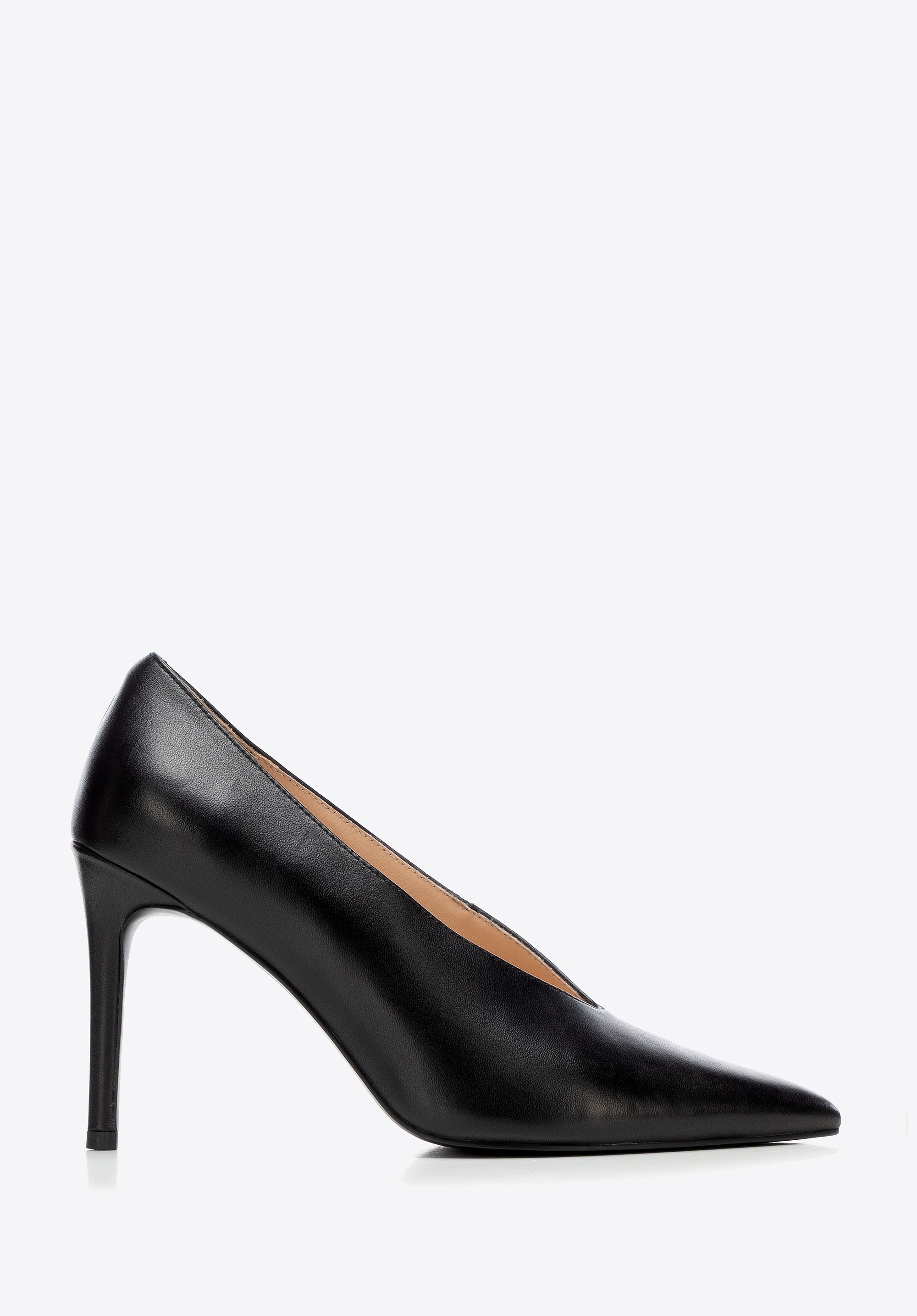 Damskie czółenka ze skóry naturalnej z głębokim wycięciem czarne