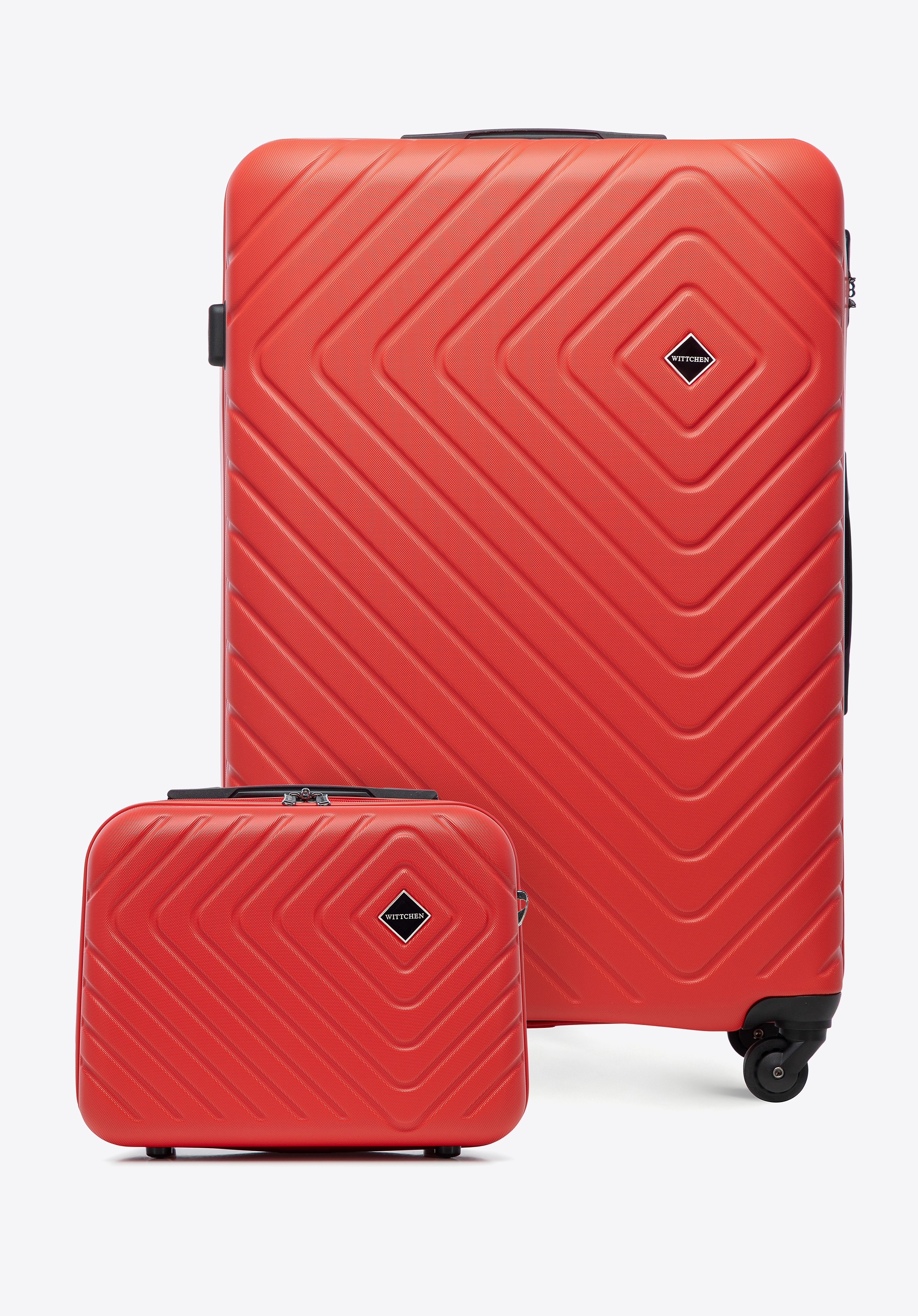 Duża walizka i kosmetyczka z ABS-u z geometrycznym tłoczeniem czerwone