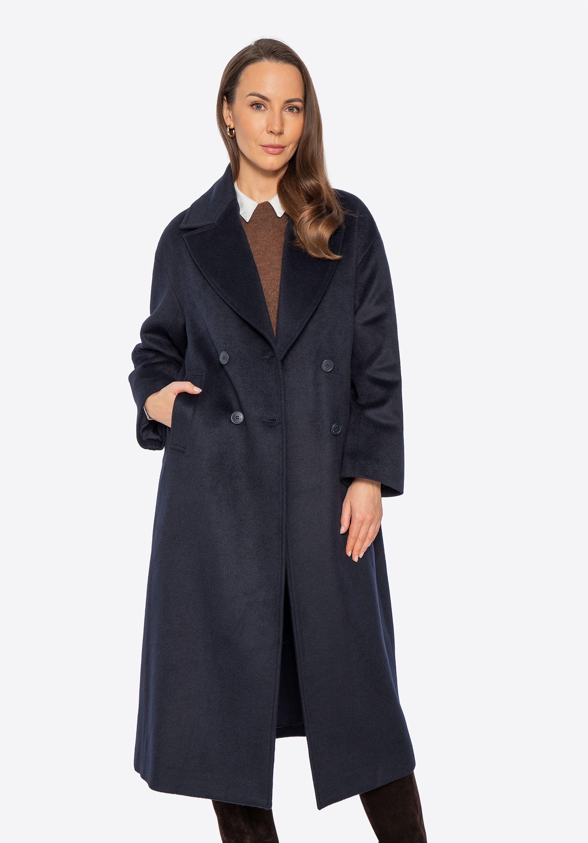 Klasyczny damski płaszcz z wełny granatowy