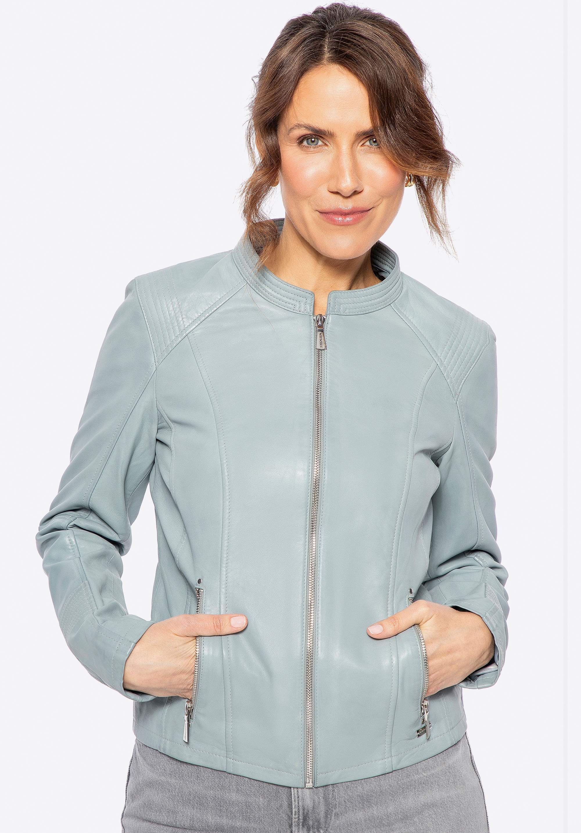 Damska kurtka ze skóry owczej z przeszyciami szary platynowy