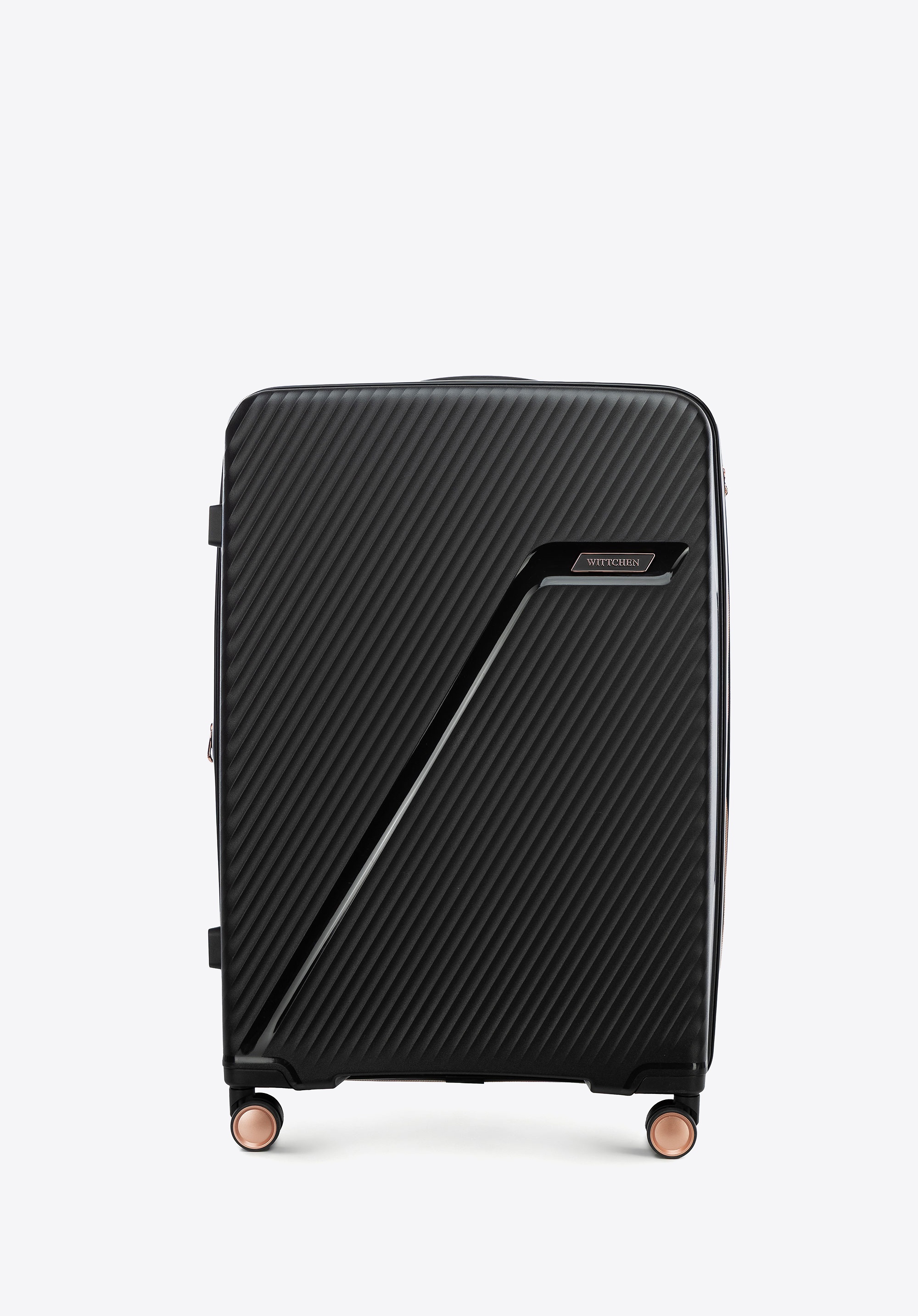 Duża walizka z polipropylenu w ukośne pasy czarno - złota