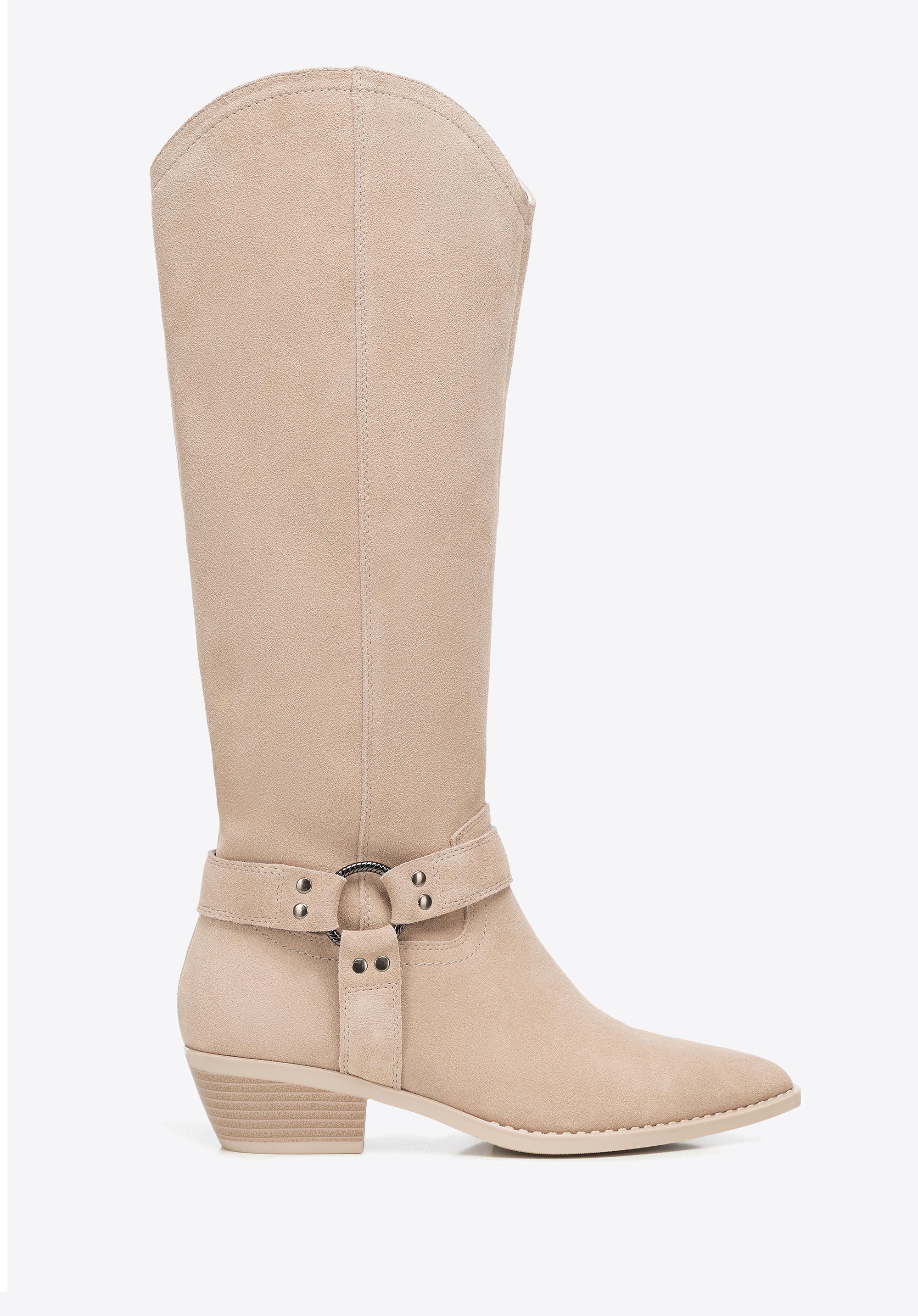 Długie kowbojki ze skóry zamszowej beżowe