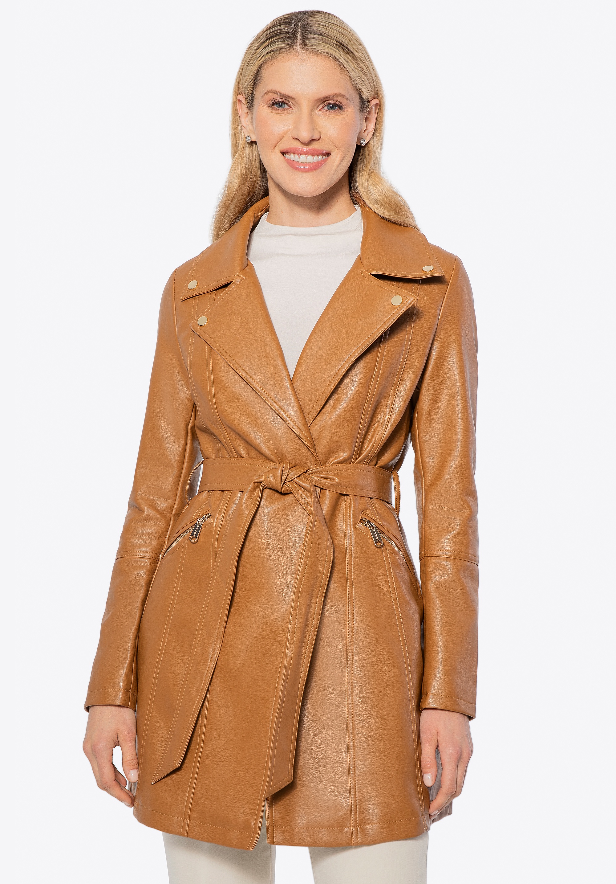 Damski płaszcz z imitacji skóry brązowy