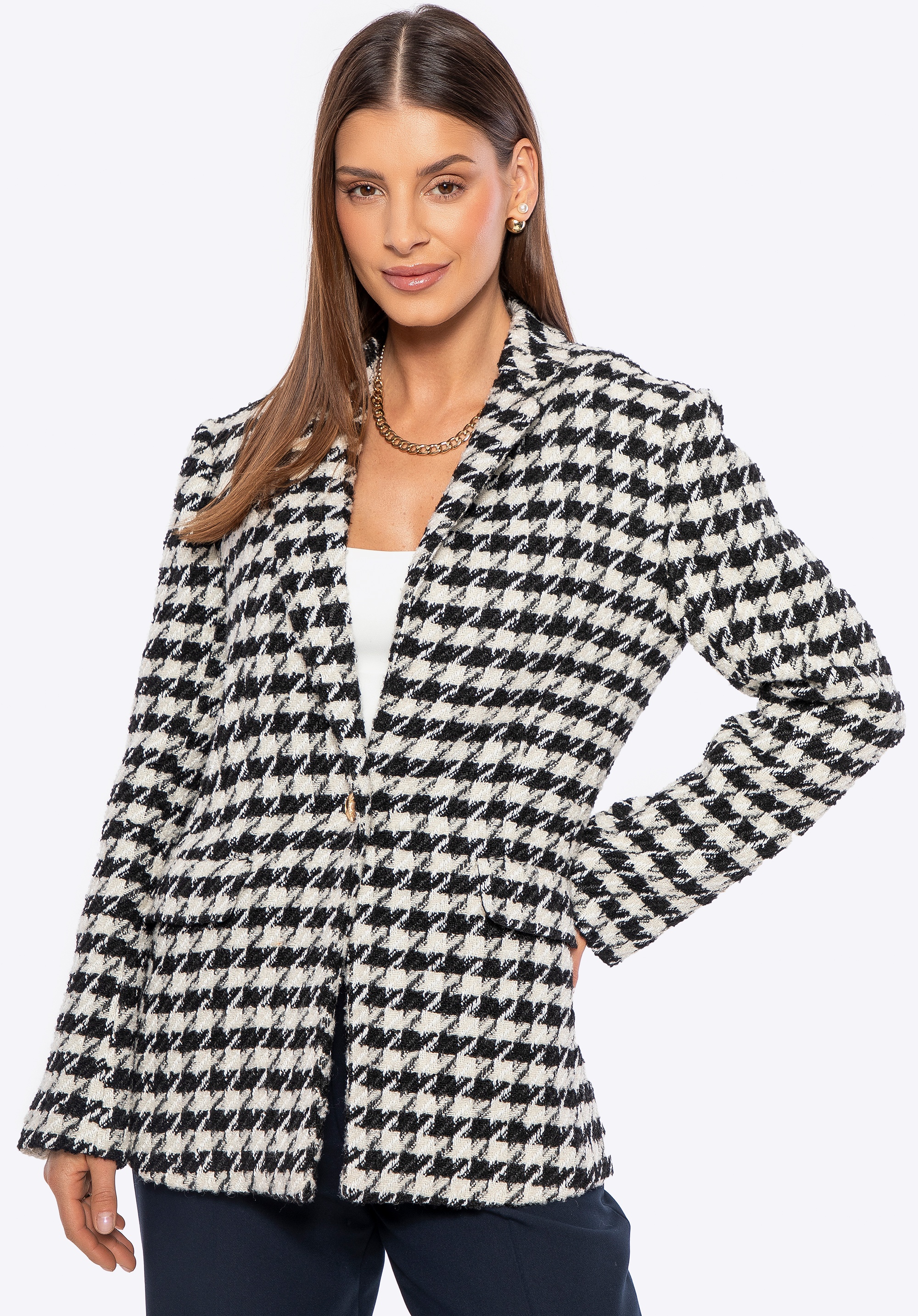Damska marynarka z domieszką wełny biało - czarna
