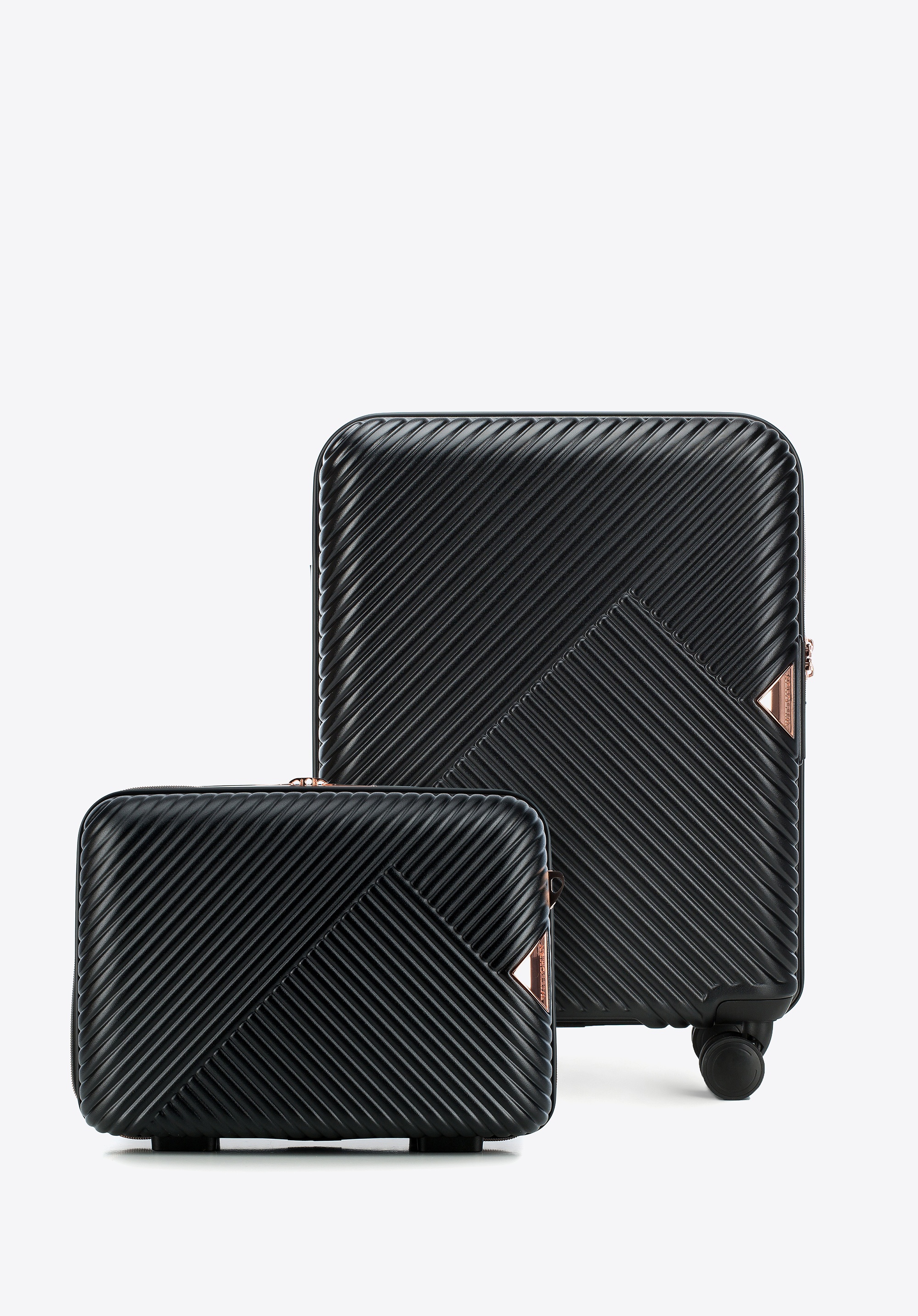 Walizka kabinowa i kosmetyczka z polikarbonu w paseczki czarne