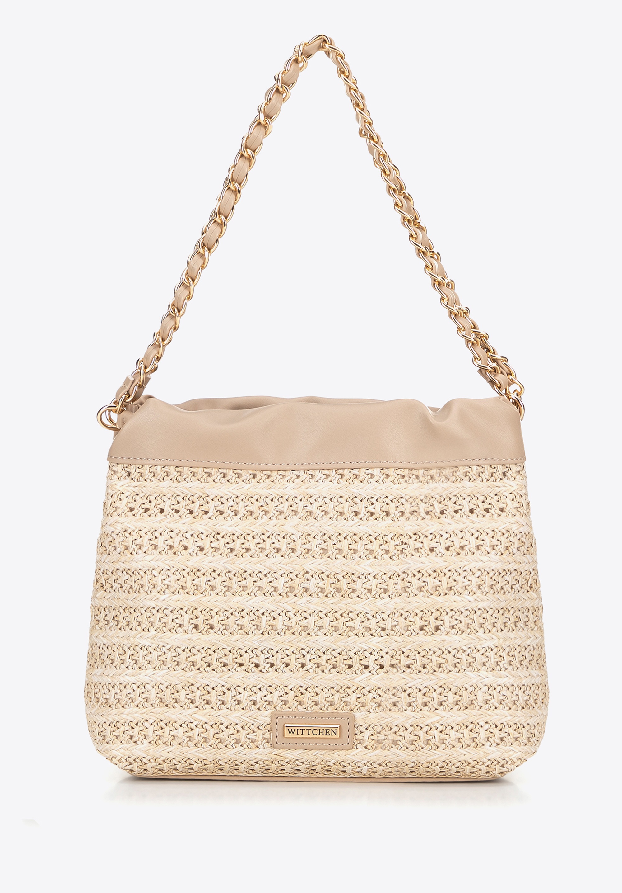 Pleciona torebka crossbody z łańcuszkami beżowa