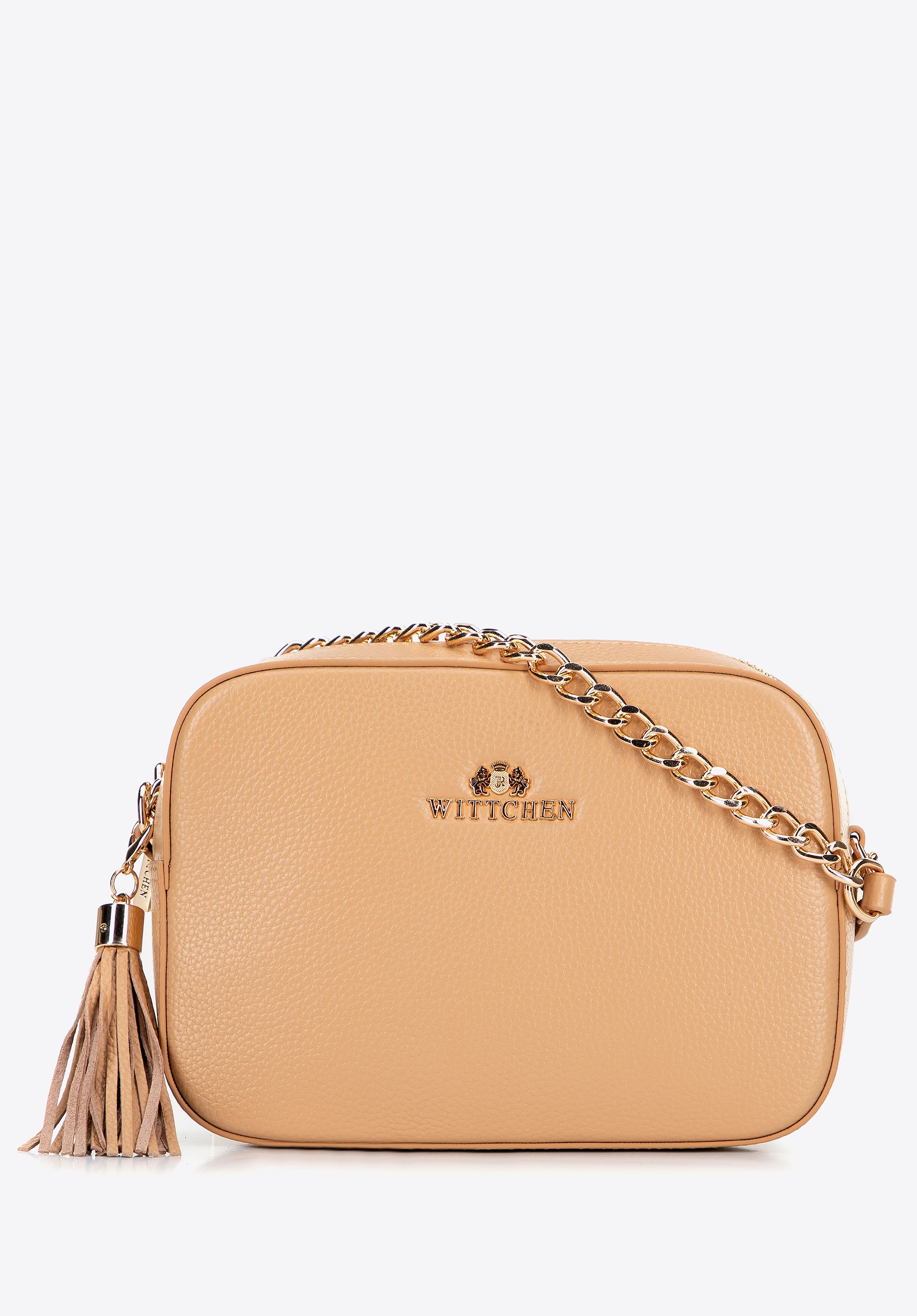 Damska listonoszka skórzana pudełkowa na łańcuszku beżowa