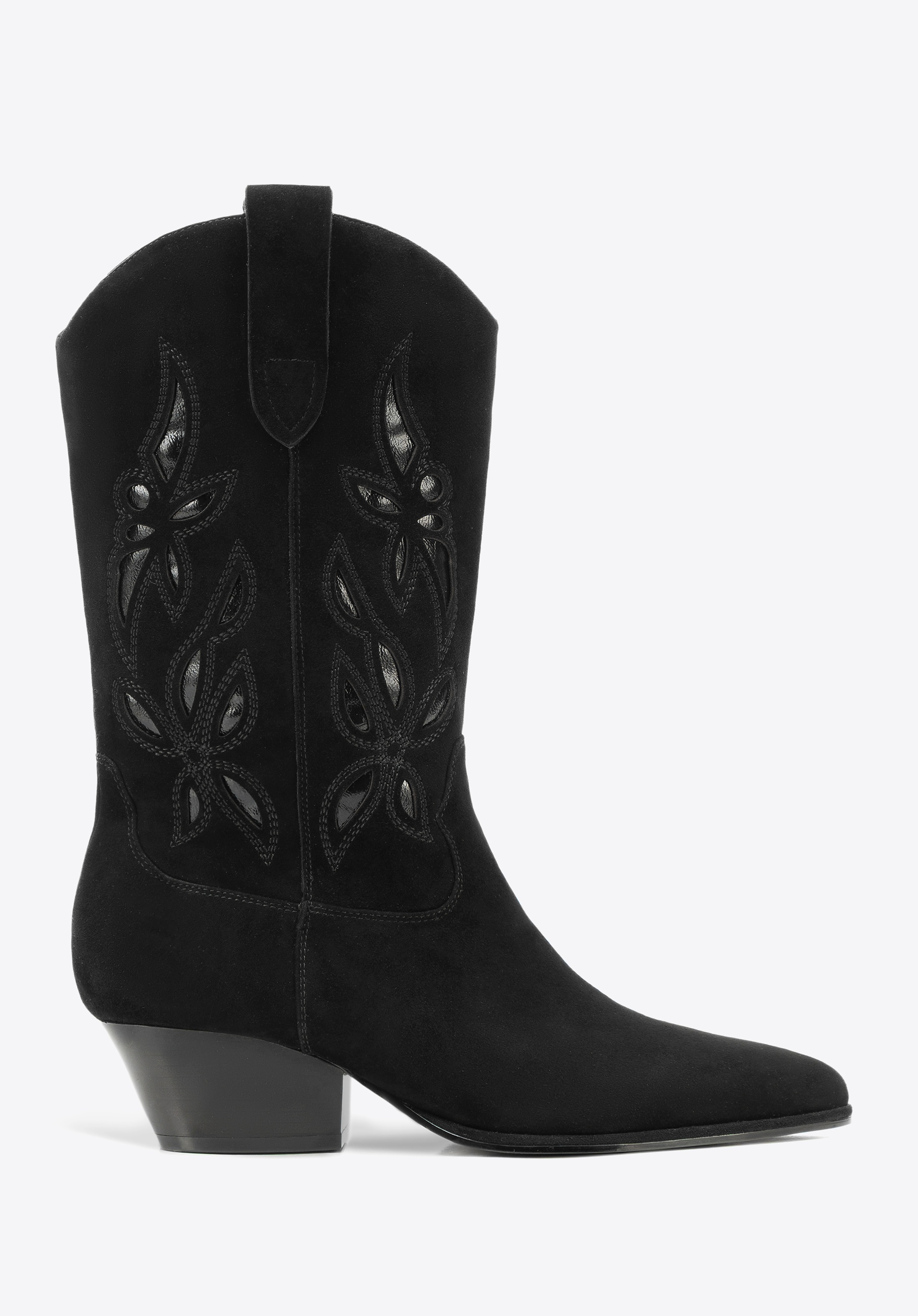 Damskie kowbojki ze skóry zamszowej z haftem czarne