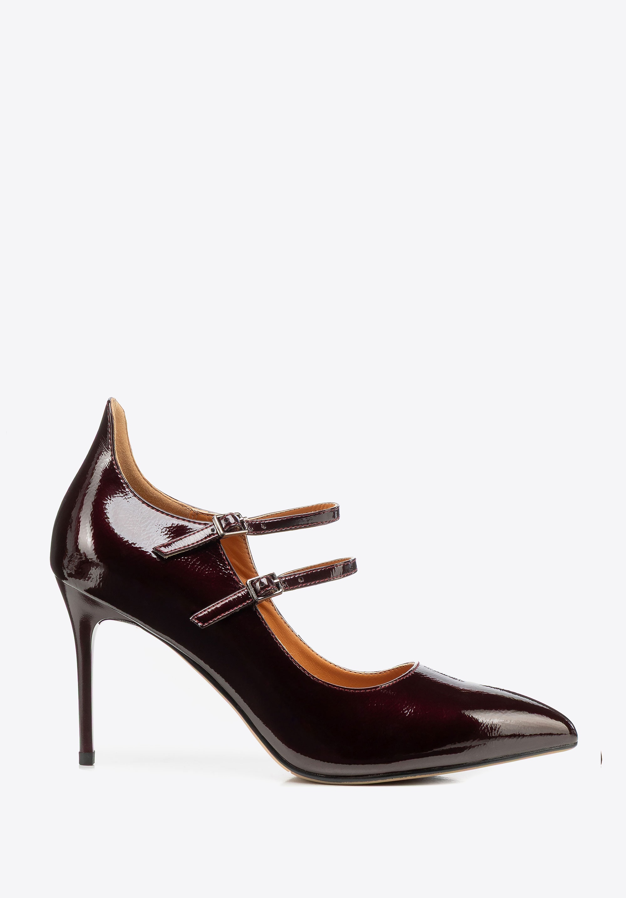Damskie czółenka ze skóry lakierowanej na szpilce bordowe