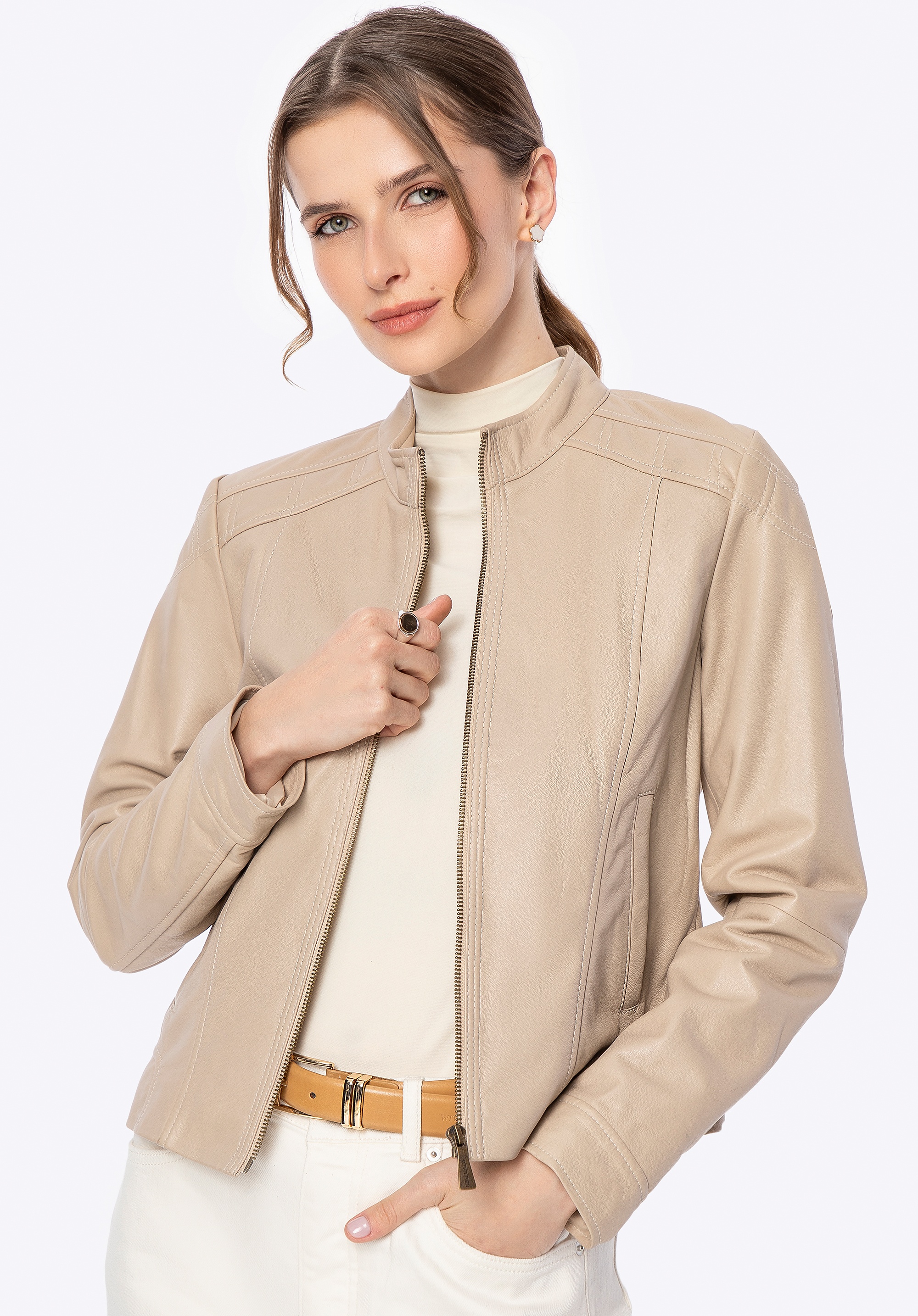 Klasyczna damska kurtka ze skóry kremowa