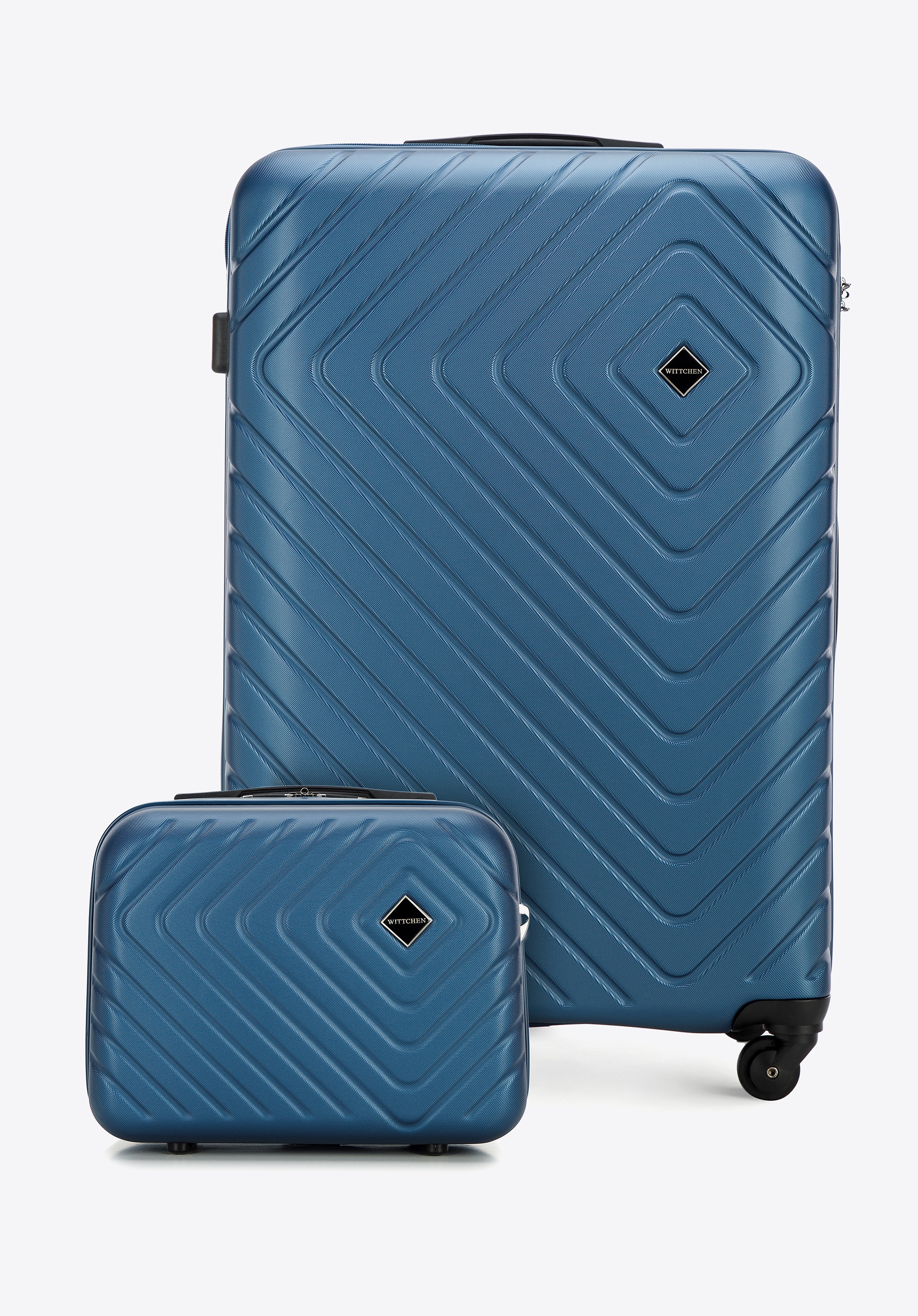 Duża walizka i kosmetyczka z ABS-u z geometrycznym tłoczeniem ciemnoniebieskie