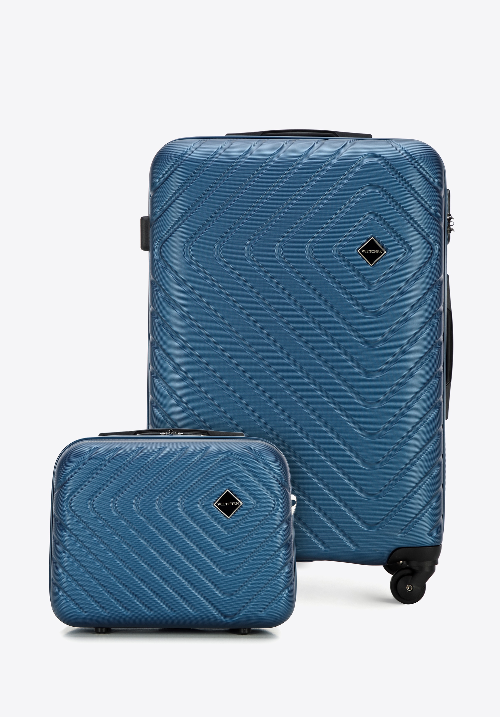 Średnia walizka i kosmetyczka z ABS-u z geometrycznym tłoczeniem ciemnoniebieskie