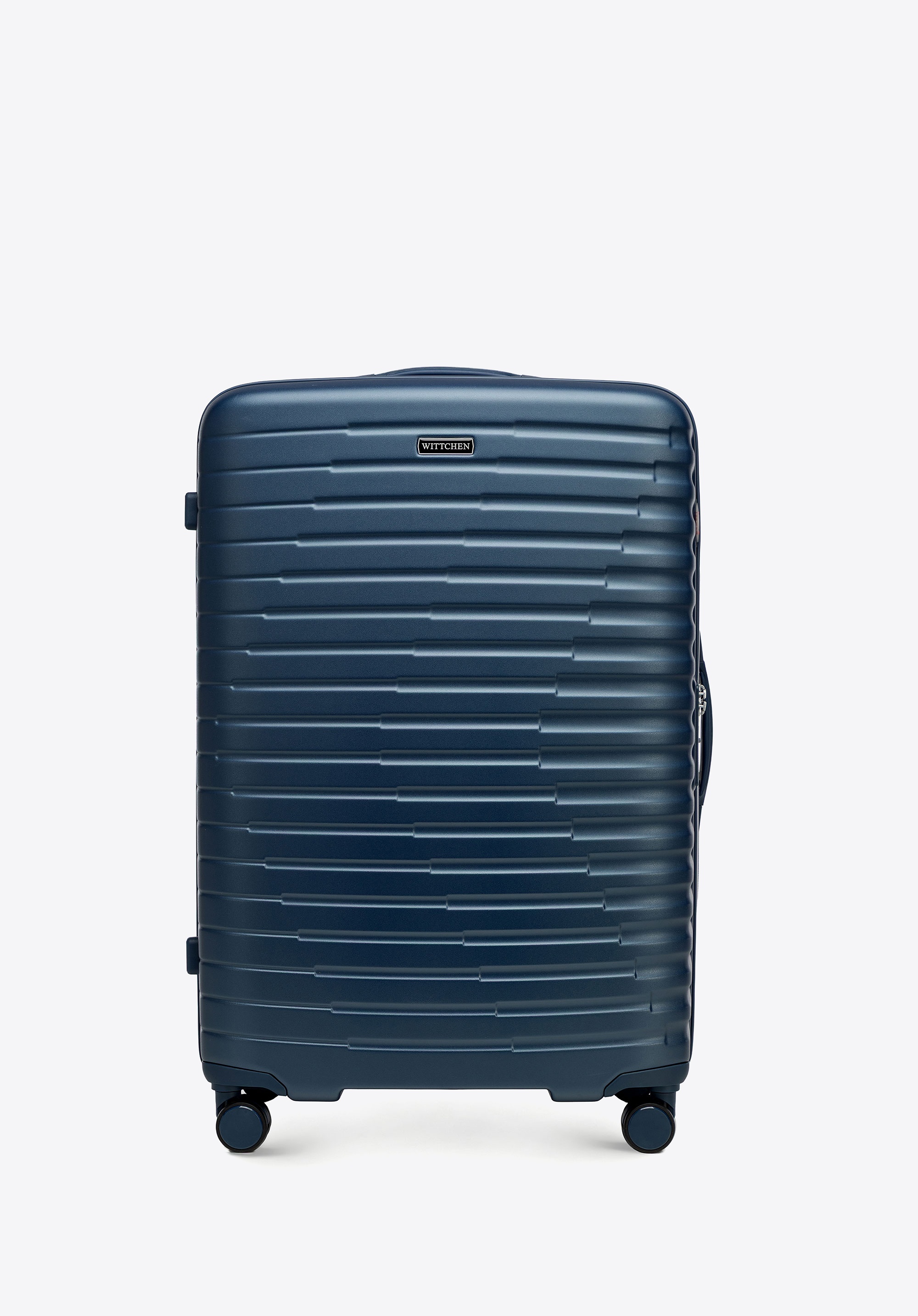 Duża walizka z polikarbonu w poziome żebrowanie granatowa