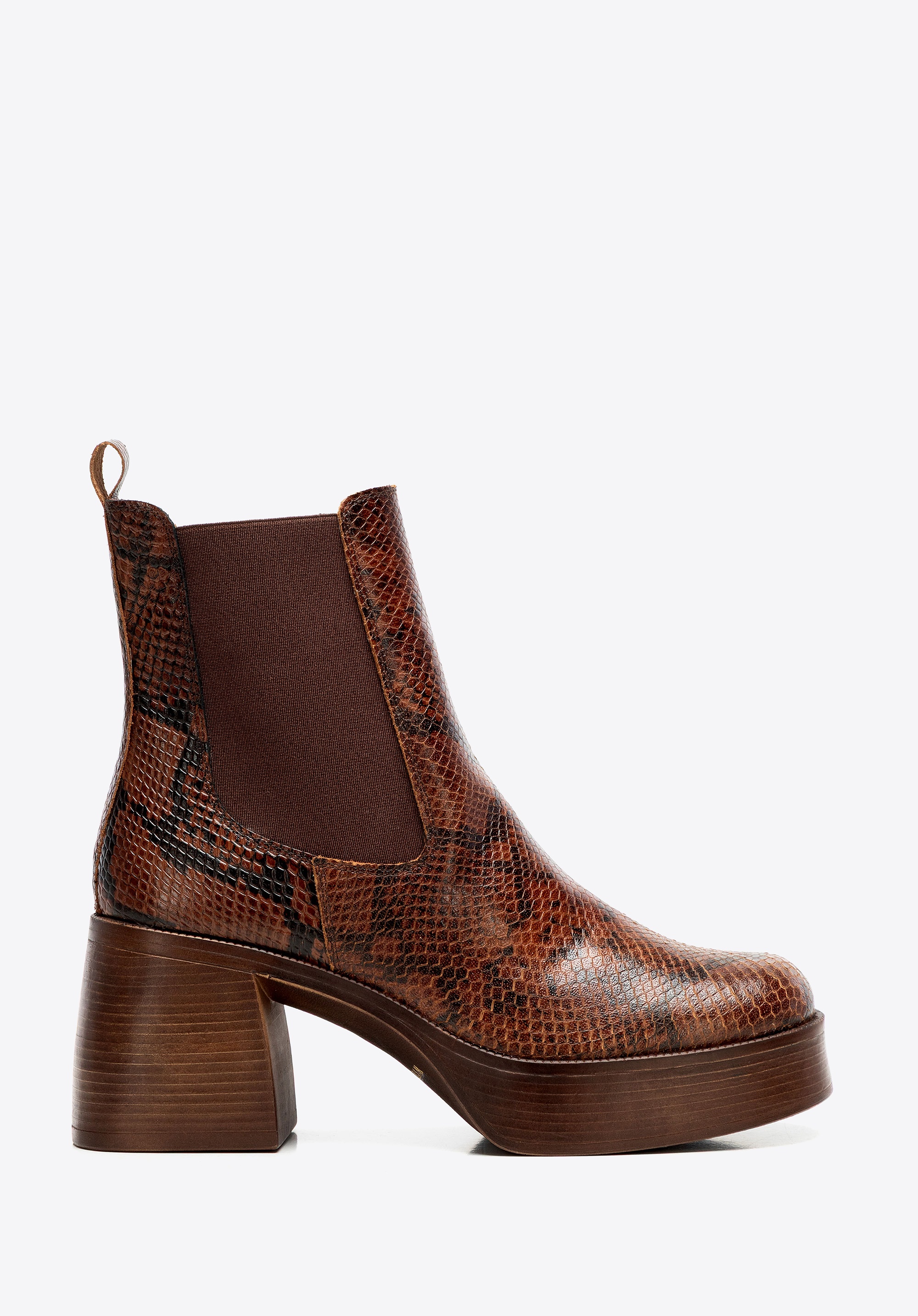 Damskie sztyblety ze skóry naturalnej we wzór węża brązowe