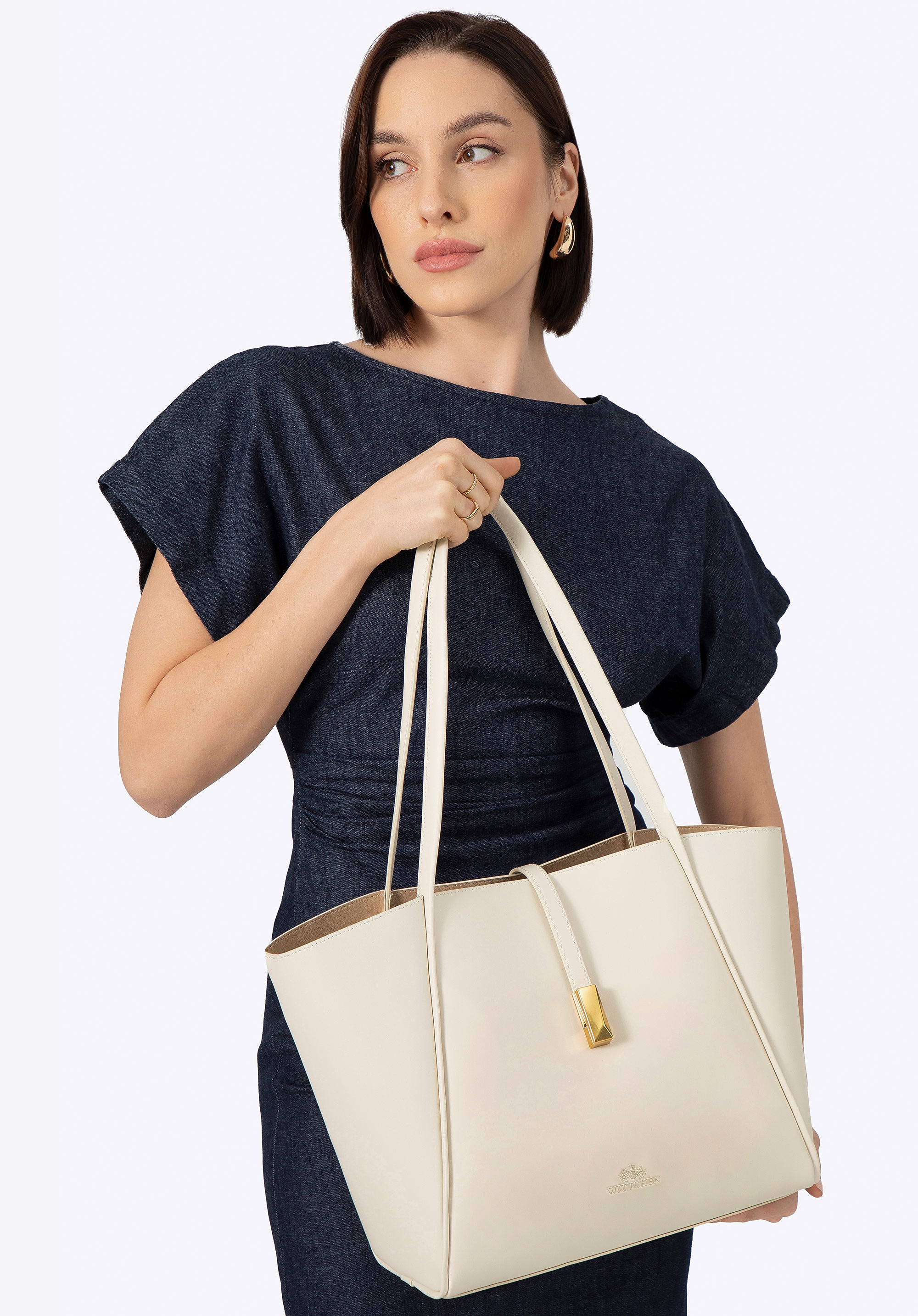 Damska shopperka skórzana z wyjmowaną saszetką kremowa