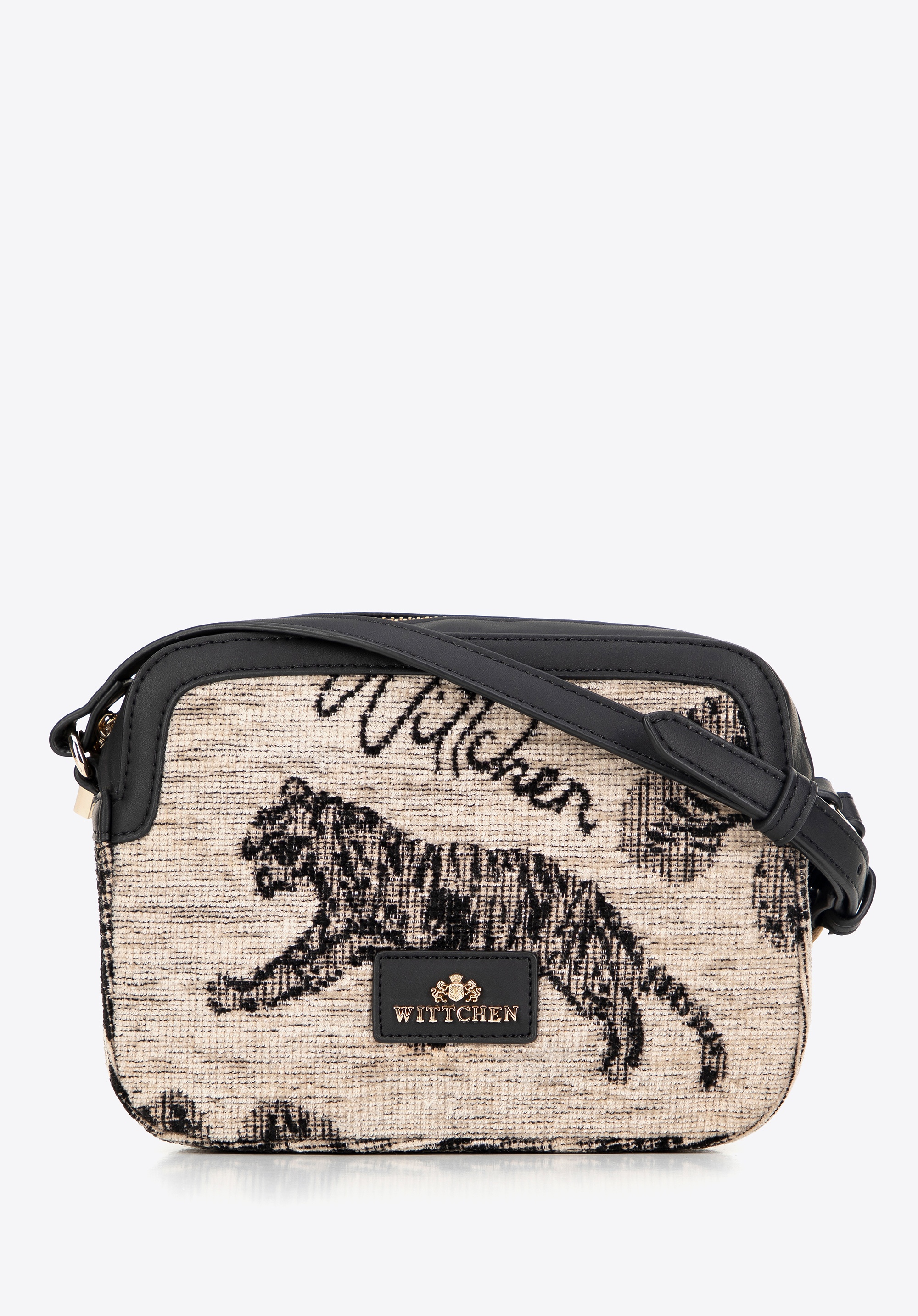 Damska crossbody z żakardu i ekoskóry kremowo - czarna