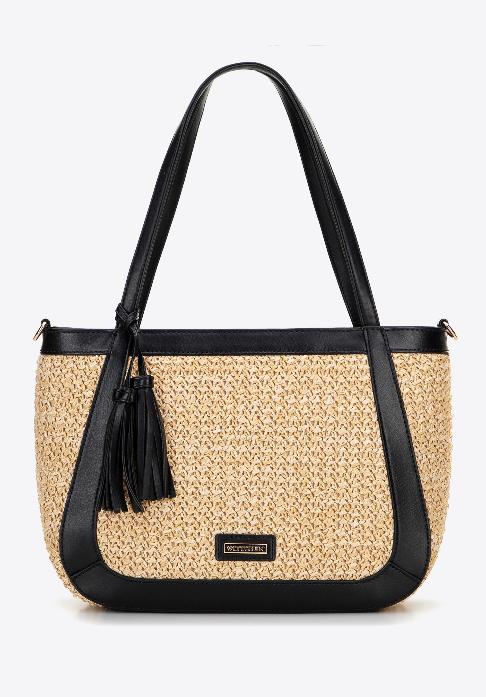 Damska torebka na ramię z plecionki beżowo - czarna