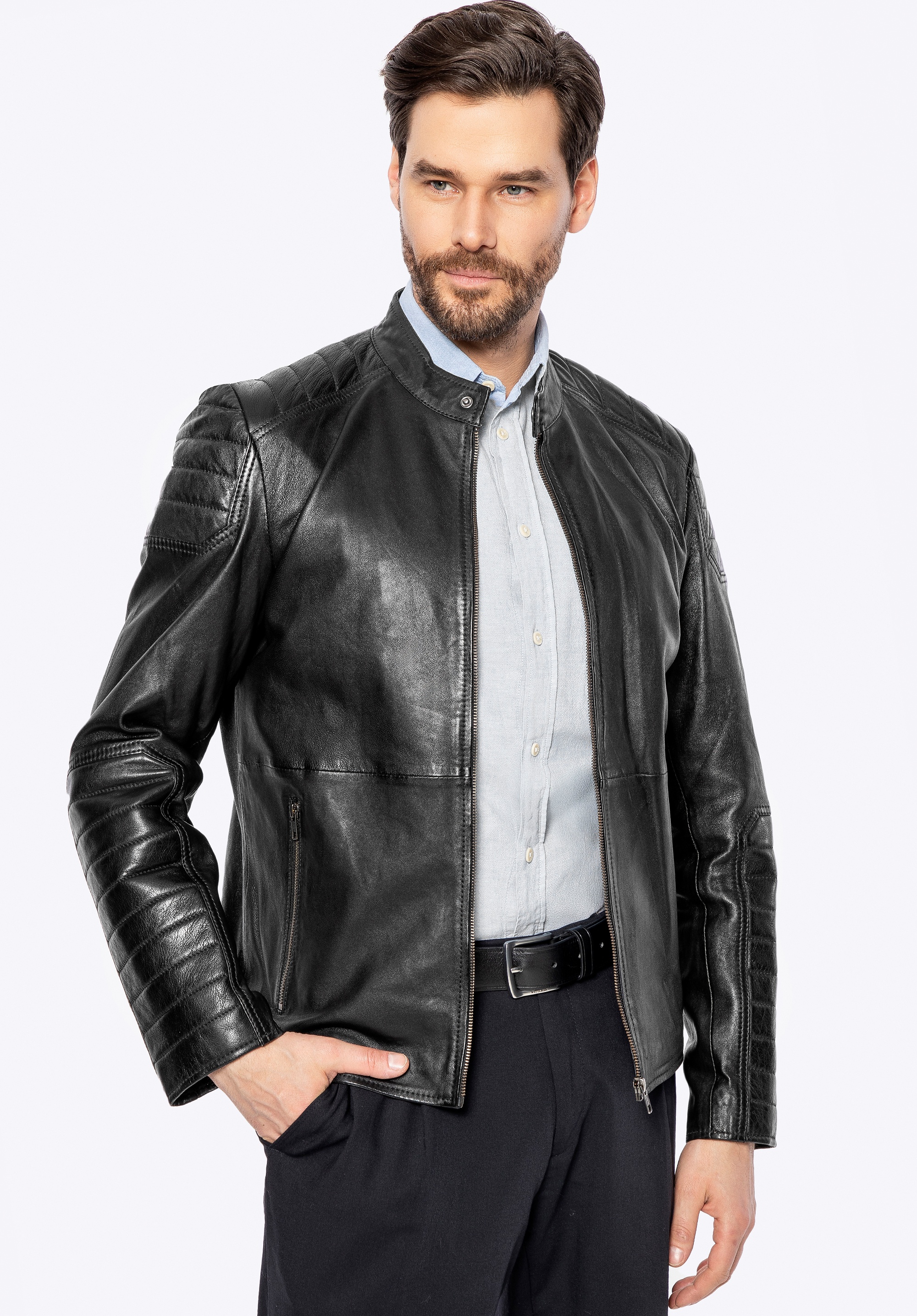 Męska kurtka ze skóry owczej z przeszyciami czarna