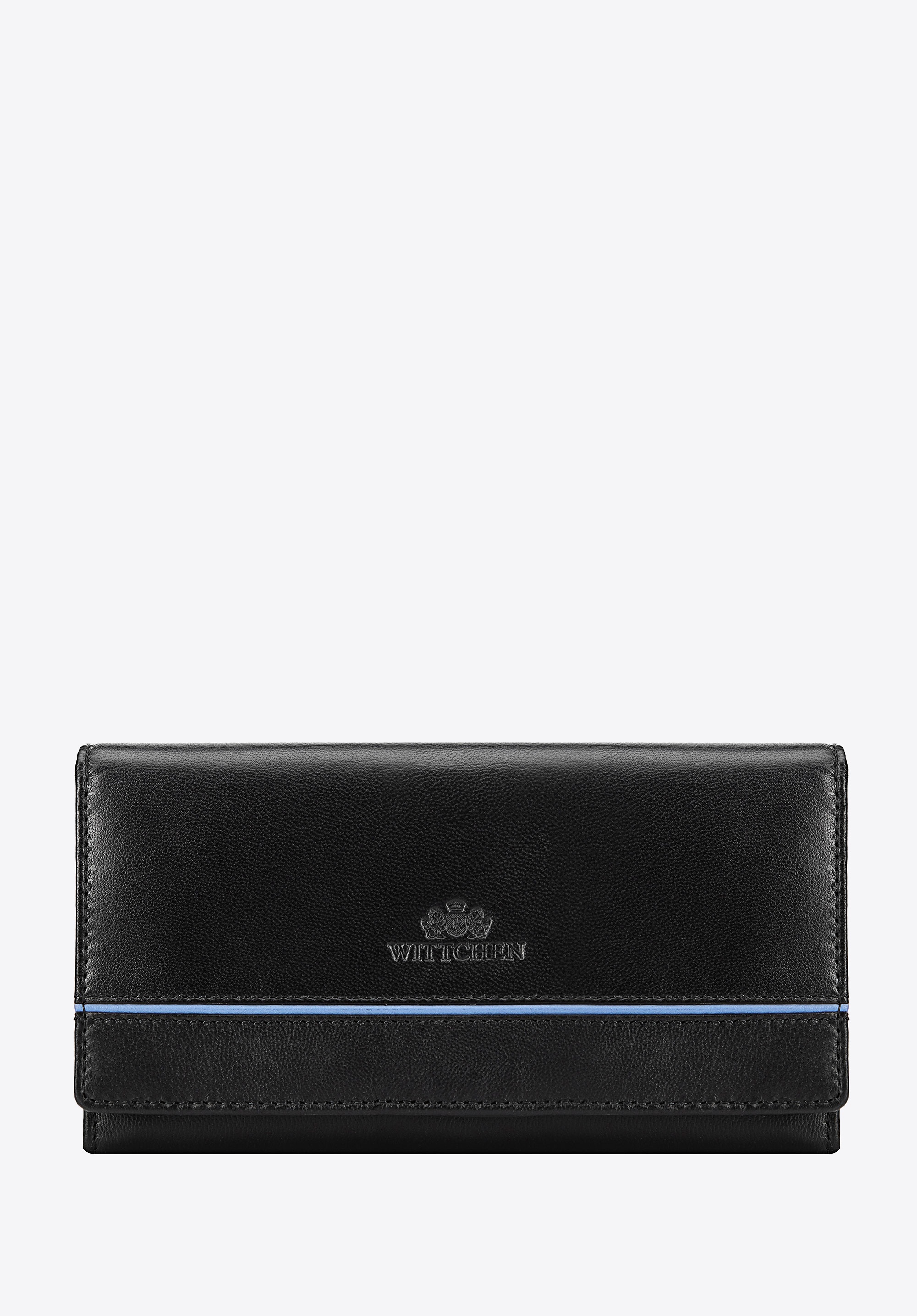 Damski portfel skórzany z kontrastowym paskiem czarny