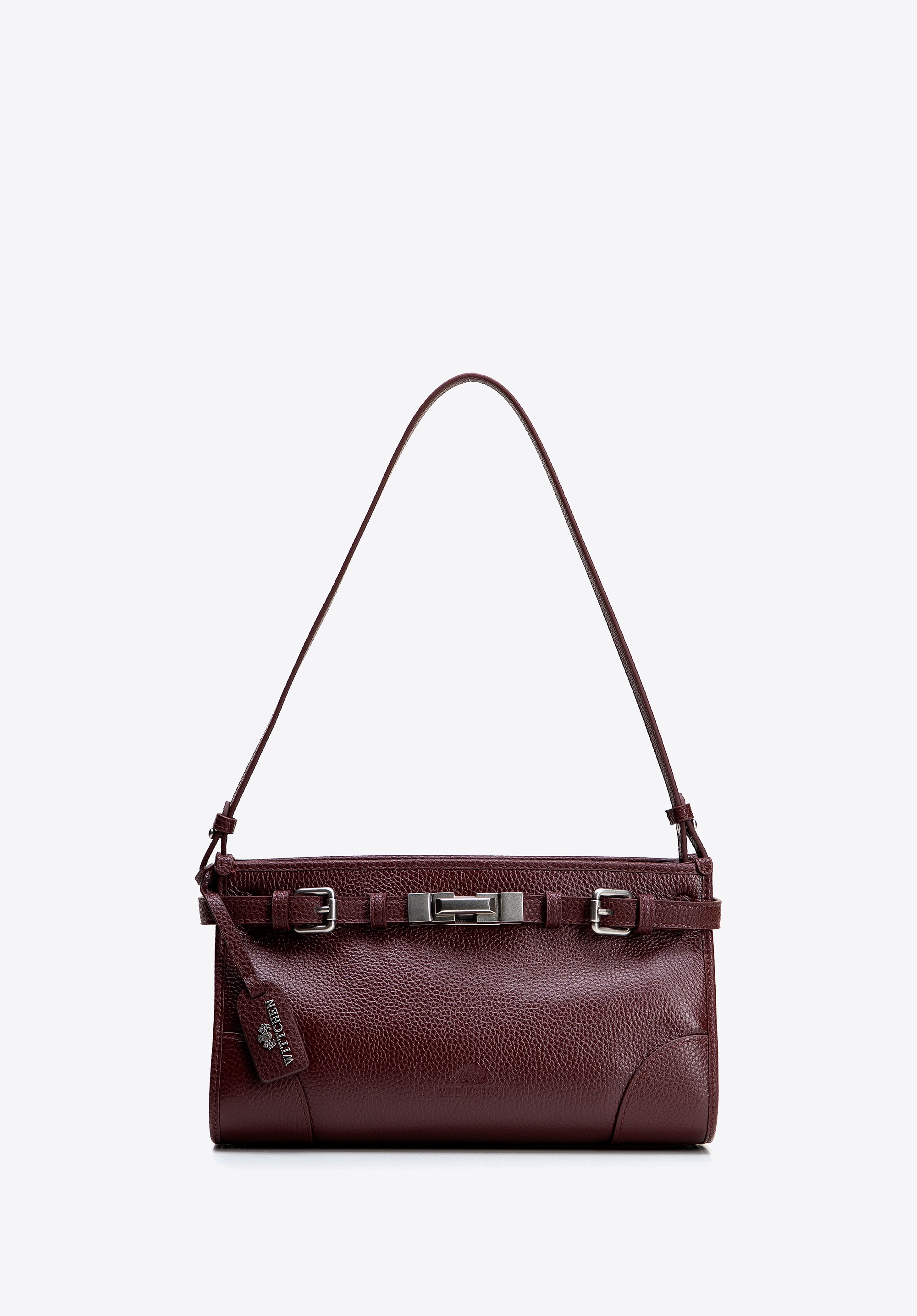 Damska torebka na ramię ze skóry naturalnej z dekoracyjnym paskiem bordowa