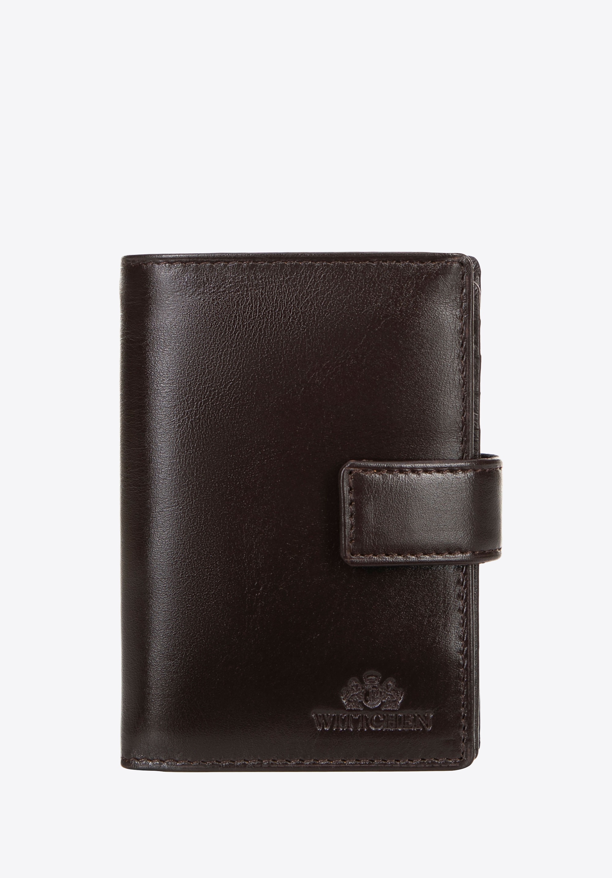 Męski portfel skórzany z zapięciem na napę średni brązowy