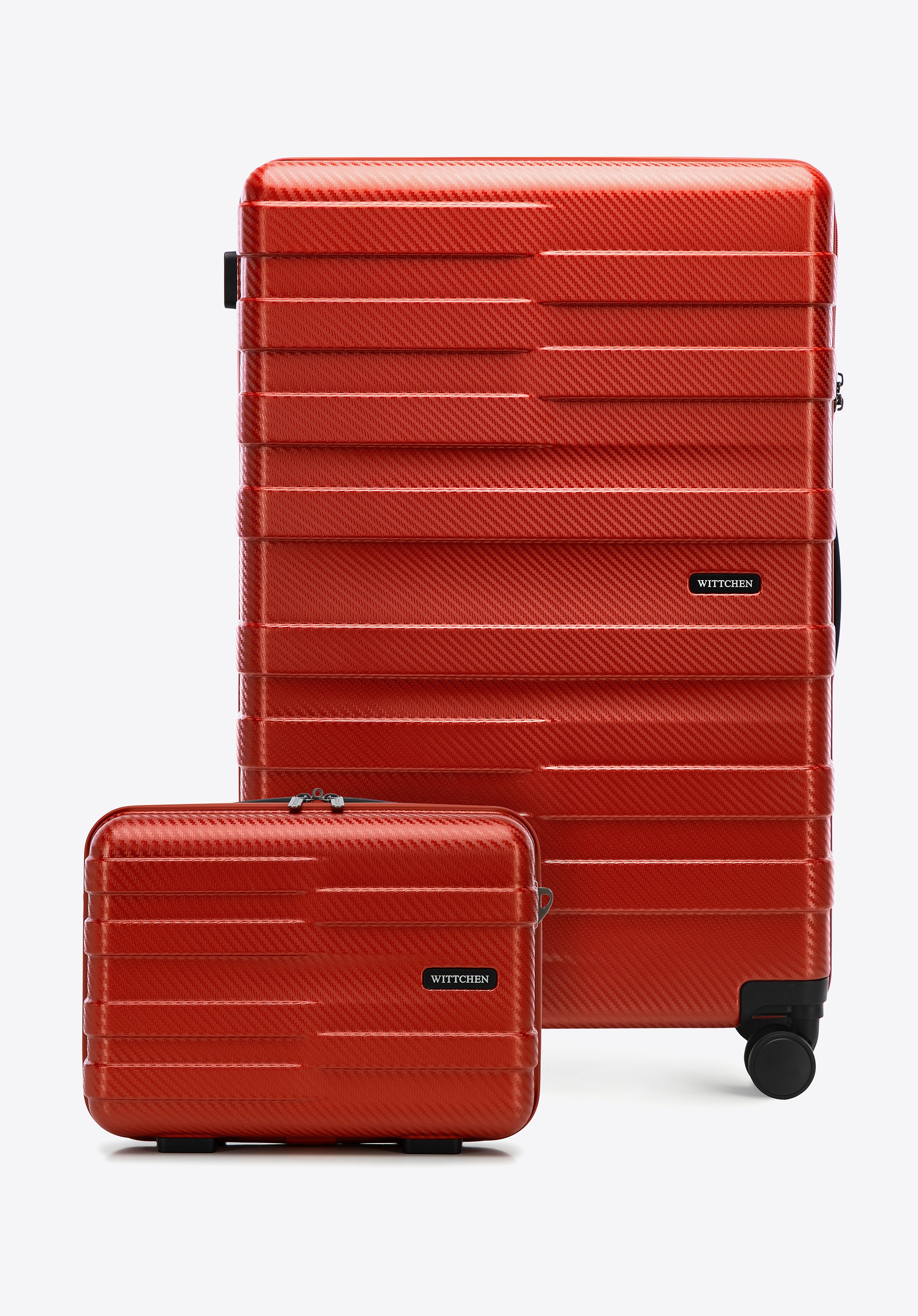 Duża walizka i kosmetyczka z polikarbonu w poziome pasy czerwone