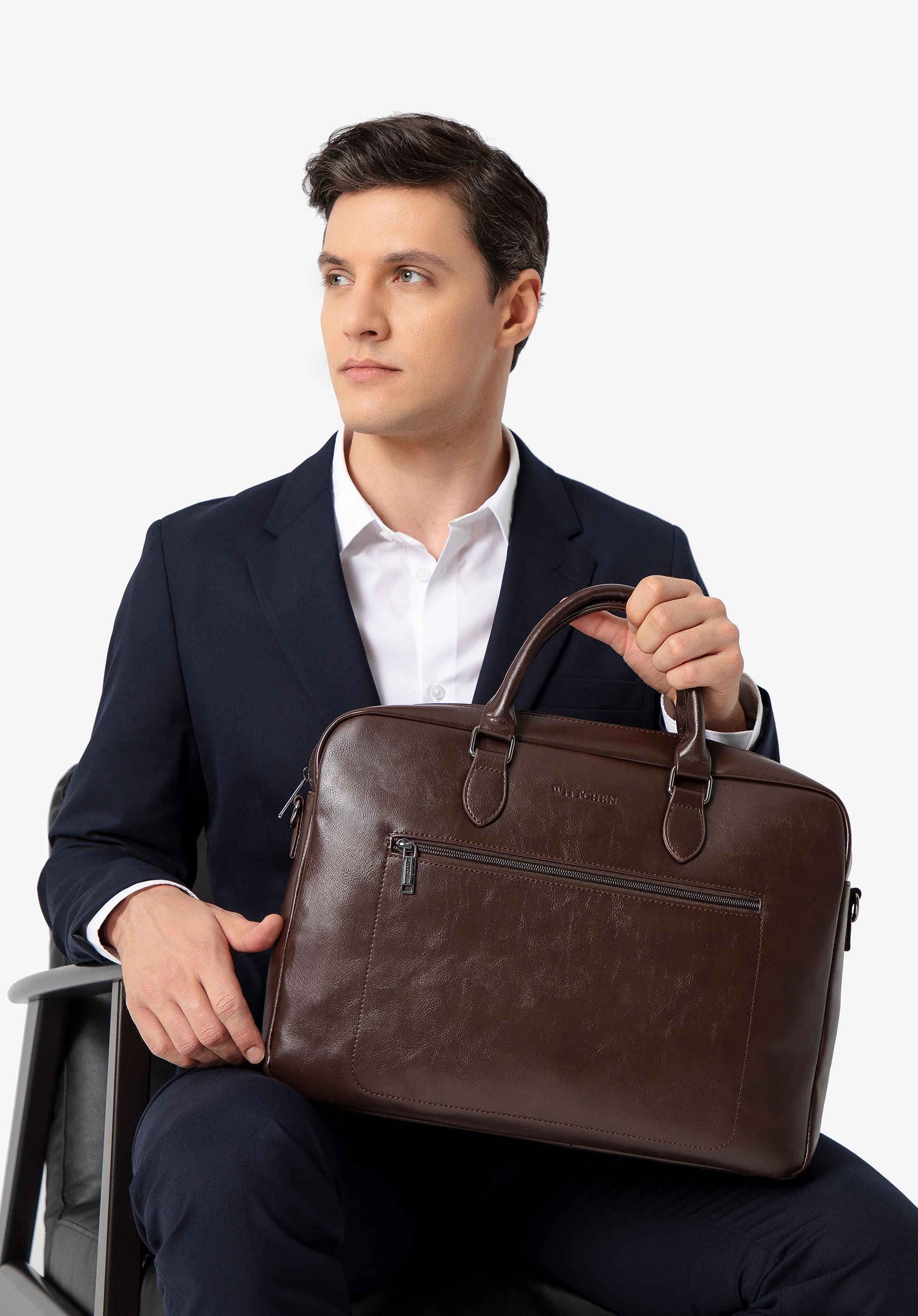 Męska torba na laptopa 16” z imitacji skóry ciemny brąz