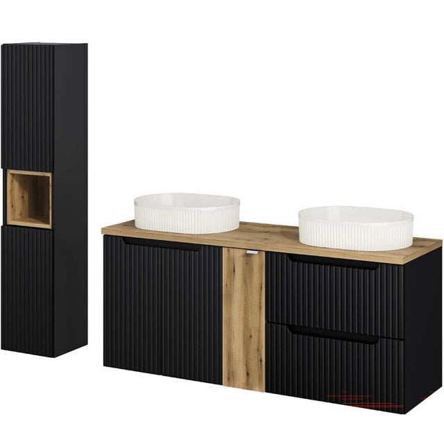 COMAD Zestaw mebli NOVA BLACK 3 szafki z blatem OAK 140 cm, 2 umywalk