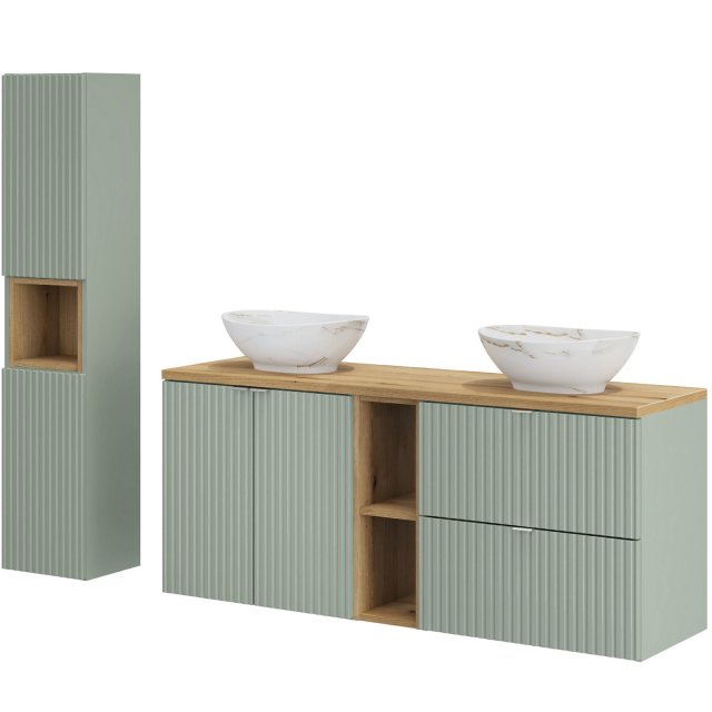 COMAD Zestaw mebli LINE REED GREEN 3 szafki, blat OAK 140 cm, 2 umywa