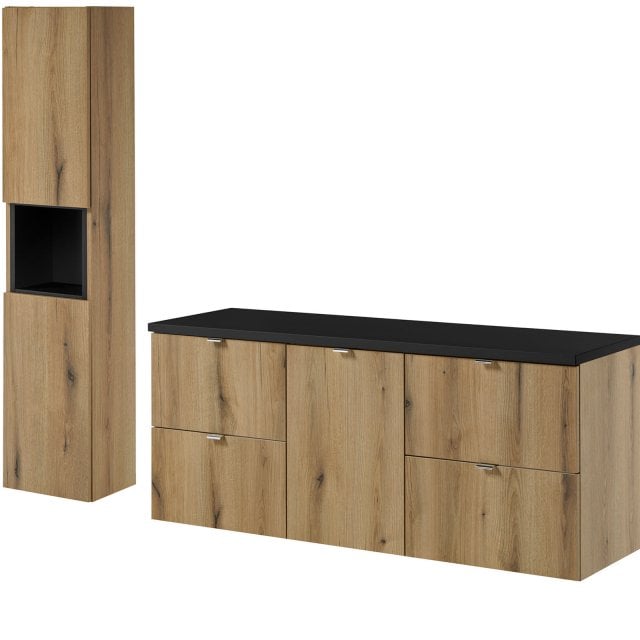 COMAD Zestaw mebli NOVA OAK 3 szafki z blatem BLACK 140 cm, słupek 30