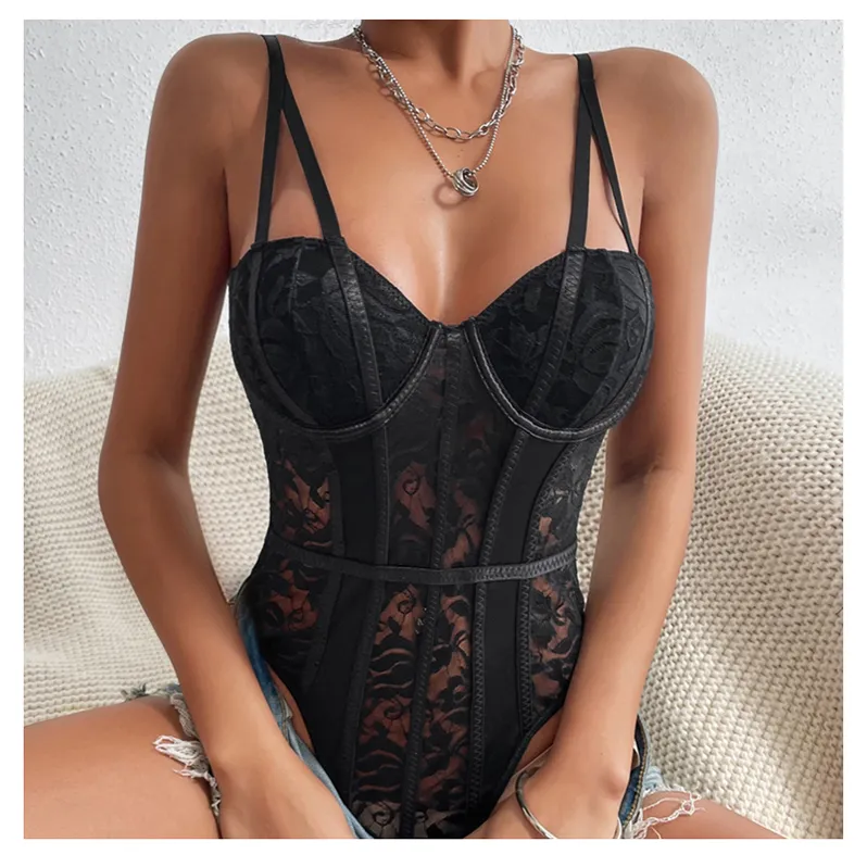 Koronkowe body damskie na podwójnych ramiączkach B050